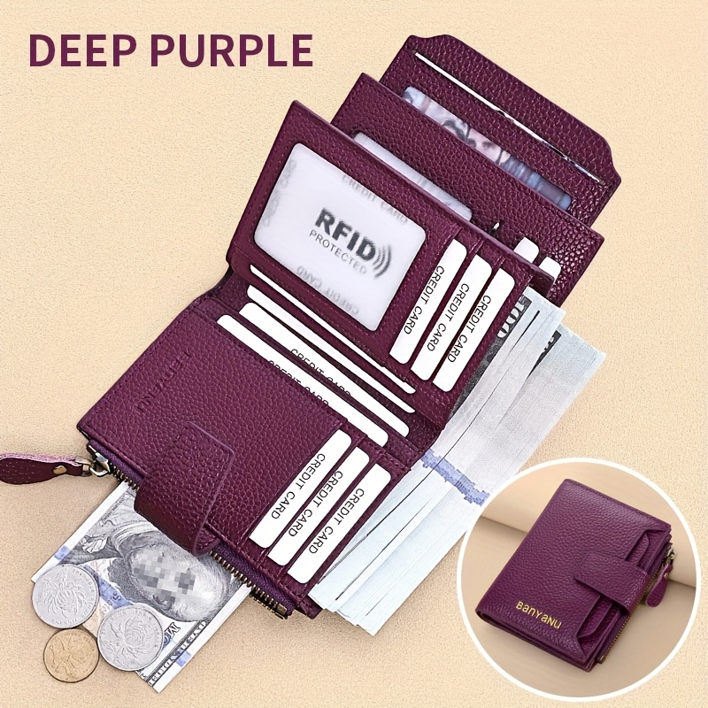 Image of 14 Card Slot Lychee Pattern Top Layer Cowhide Short Wallet Genuine Faux Leather Multi-card Slot Independent License Card Holder Zipper Coin Purse