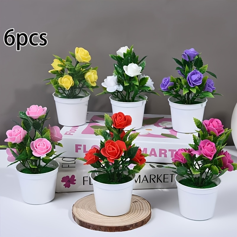 6pcs Foam Roses With Pot, Elegant Mini 5-foam Rose Artificial Flower Branch Plant Bonsai, Artistic Rose Potted Plants For Tabletop Decoration, Suitable For Home, Hotel, And Garden Decor