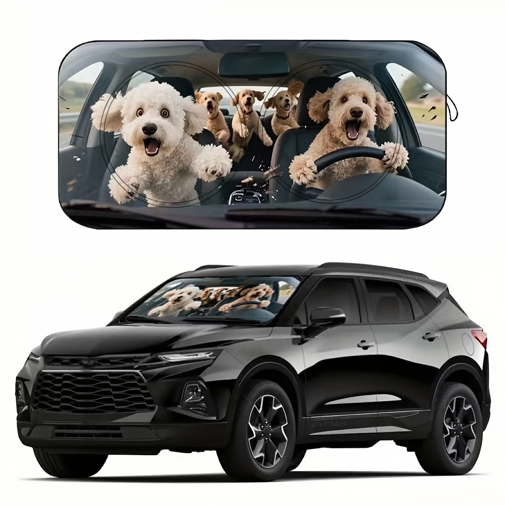 Image of 1pc Cute Puppy Car Sunshade, Fashionable Women's Sun Visor, Made Of Polyester Fiber, Suitable For Car Models' Front Windshields, With Heat Insulation And Privacy Protection, Keeping Cool, Foldable For
