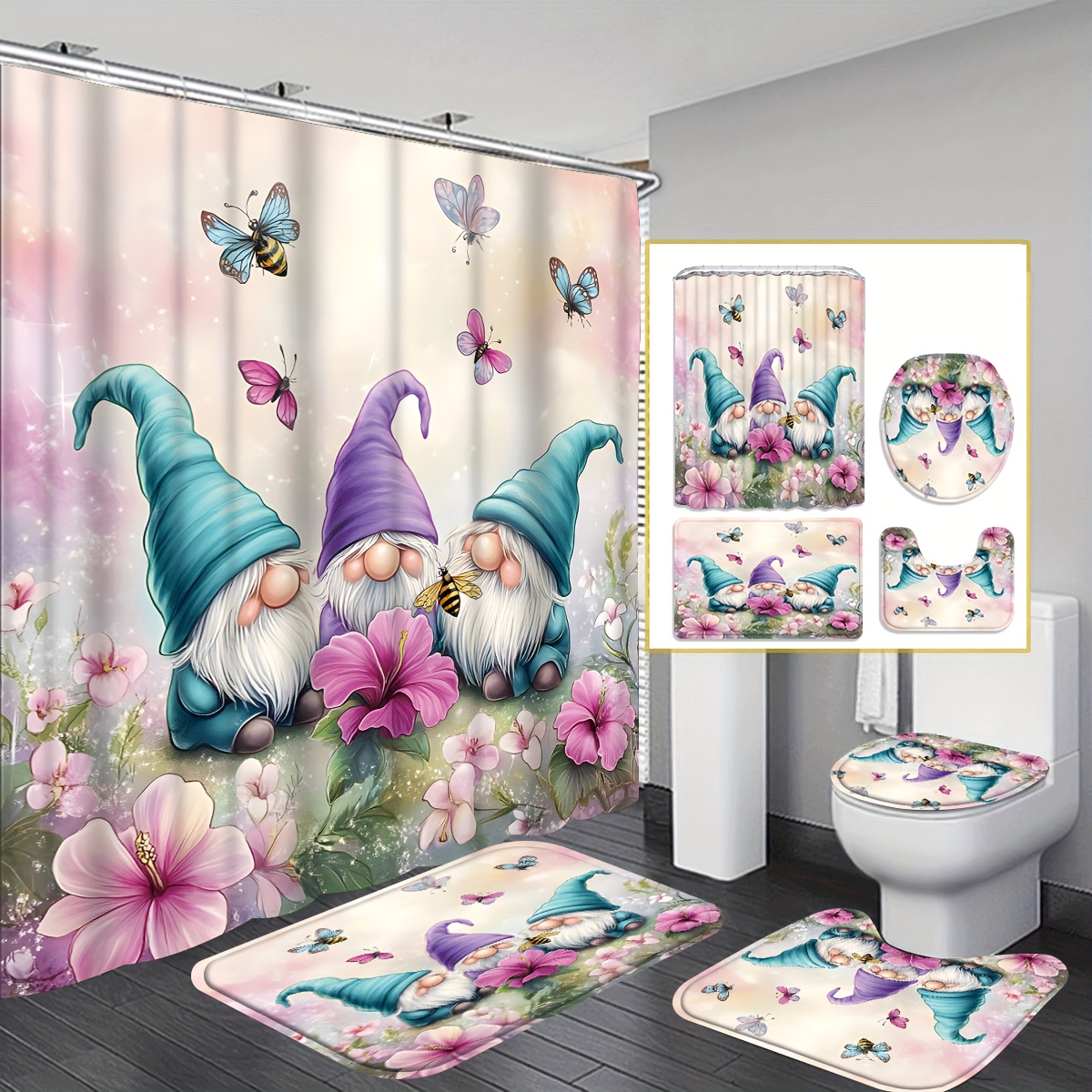 TEMU 4pcs Gnomes Shower Curtain Sets With Rugs, Bathroom Shower Curtain Set With Rugs, Toilet Lid Cover And Bath Mat, Modern Bathroom Decor With Bath Mats And 12 Plastic Hooks