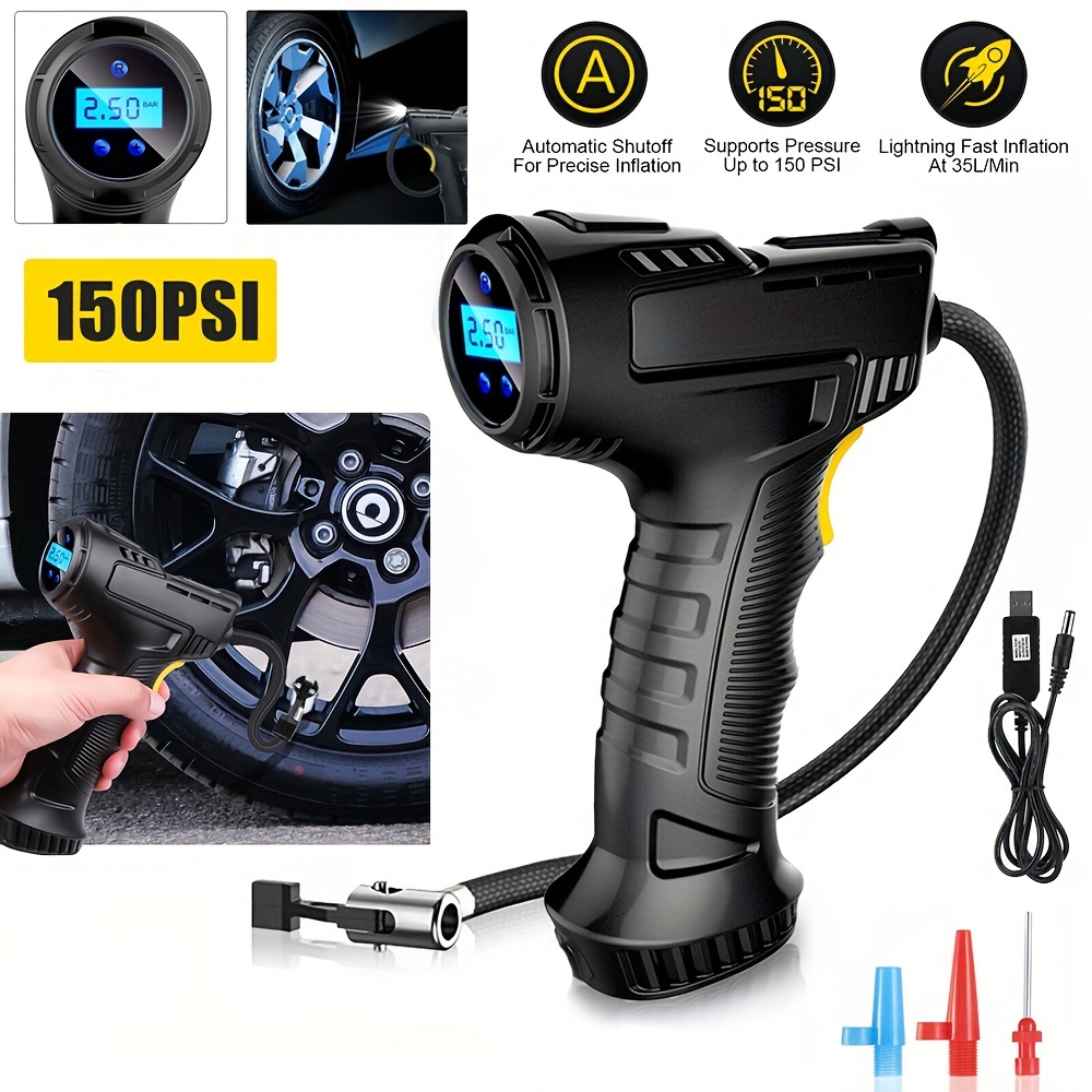 

Portable Tire Inflator Pump, 150psi Cordless Handheld Air Compressor With Digital Pressure Gauge, Usb Rechargeable, Auto Shut-off, Fast Inflation For Car Tires With Led Light