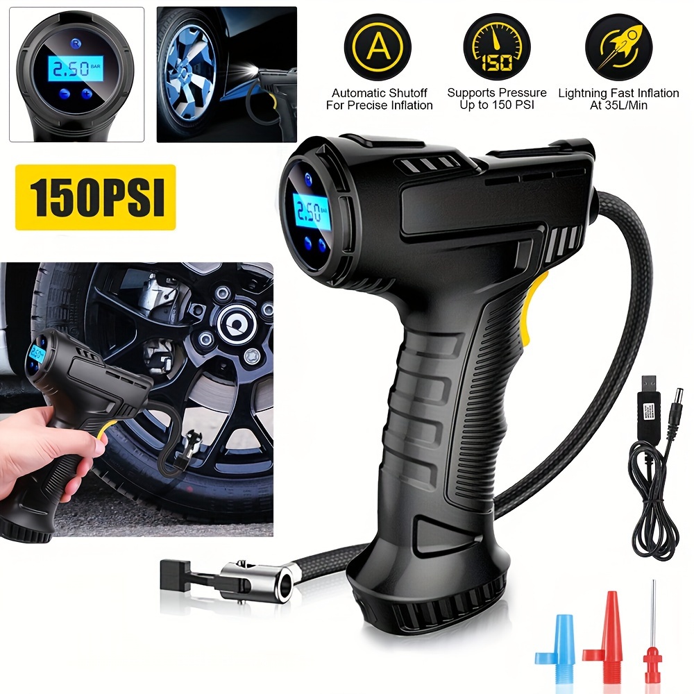 

Portable Tire Inflator Pump, 150psi Cordless Handheld Air Compressor With Digital Pressure Gauge, Usb Rechargeable, Auto Shut-off, Fast For Car Tires With Led Light