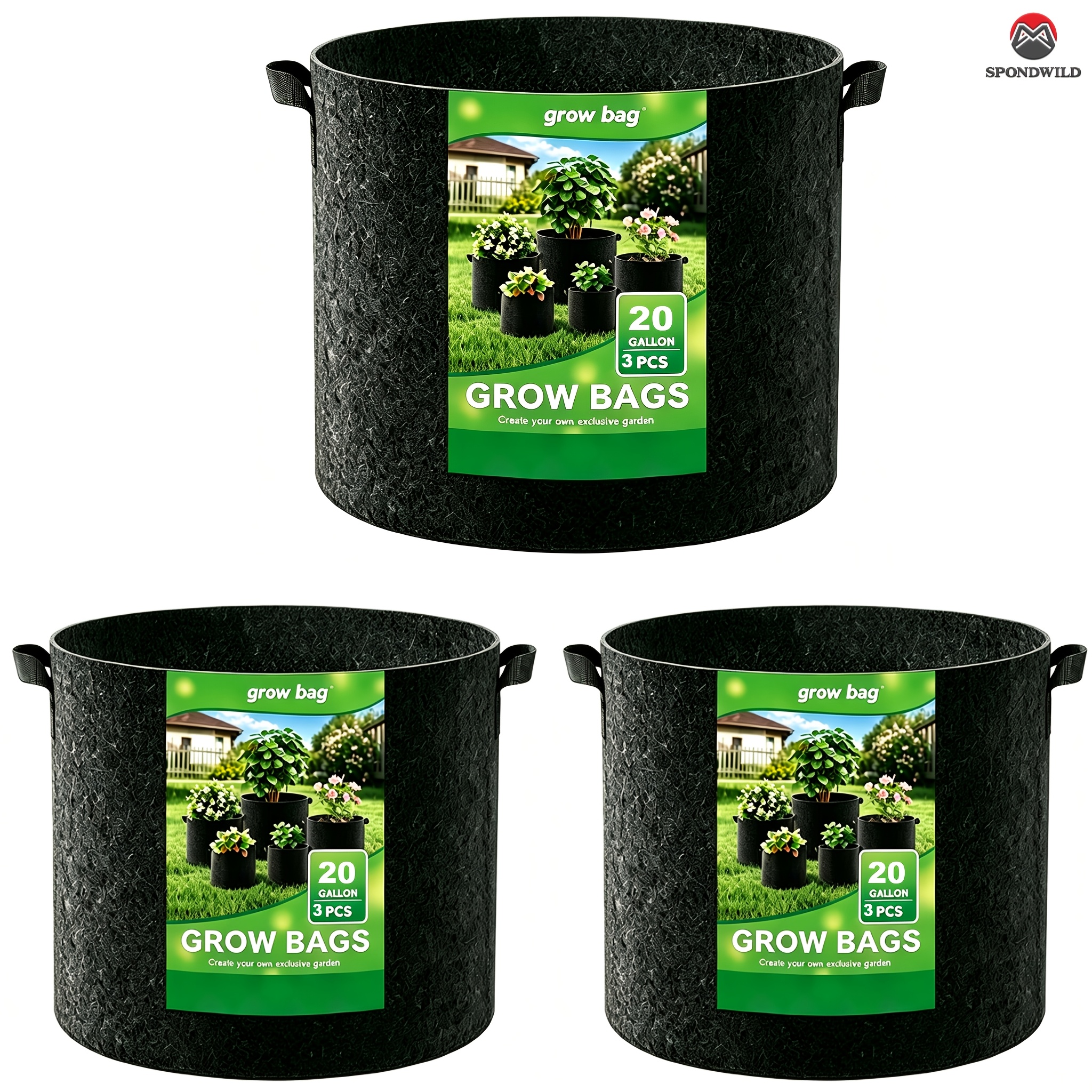 TEMU 20 Gallon Fabric Grow Bags 3pcs, Thickened Nonwoven Garden Growing Pots With Reinforced Handles, Black Heavy Duty Plant Bags For Vegetables,