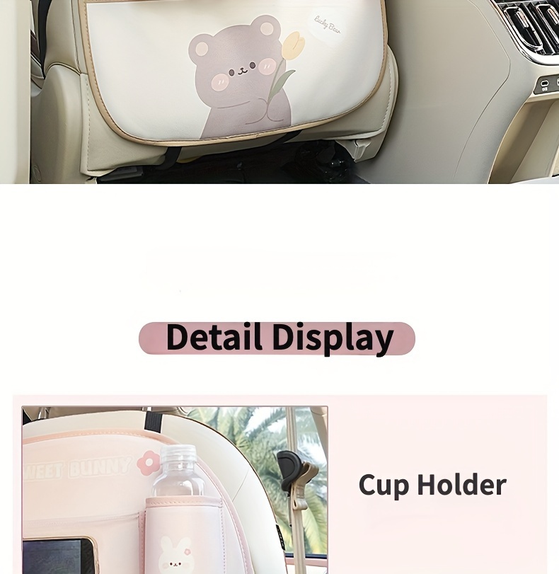 Cute Bear & Bunny Car Organizer - Multi-Functional Seat Back Storage with Trash Bin, Tissue Holder, Cup & Phone Slots, Durable Faux Leather, Easy Clean - Perfect Holiday Gift details 8