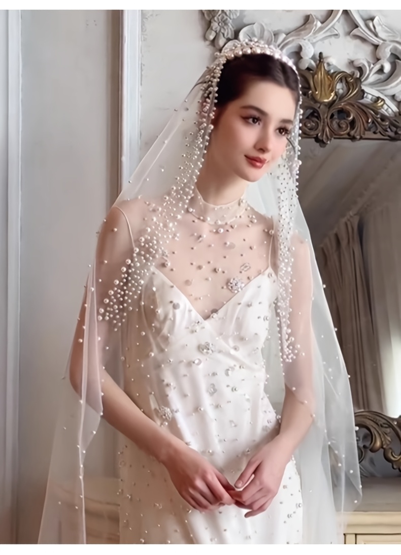 1шт. свадебная вуаль в стиле с бисерной отделкой и длинным шлейфом, из полиэстеровой пряжи, свадебный аксессуар, ручная стирка только, детали для свадеб, помолвок и фотосессий 3