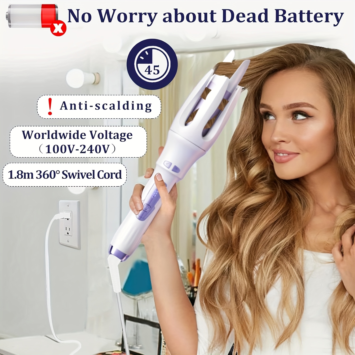 TEMU American Plug Curling Iron, Automatic Curling Iron, Women's Birthday Gift, Rotating Curling Iron Care Gift, Suitable For Mom, Purple