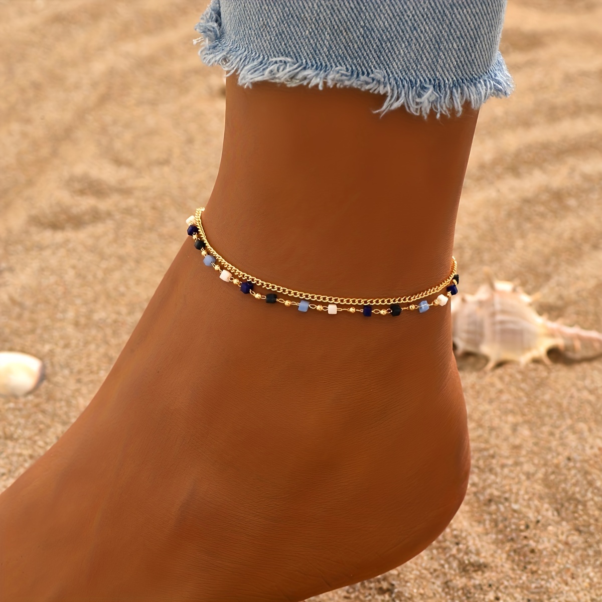 

1pc Double Layer Boho Style Small Square Crystal Colorful Tassel Style Anklet