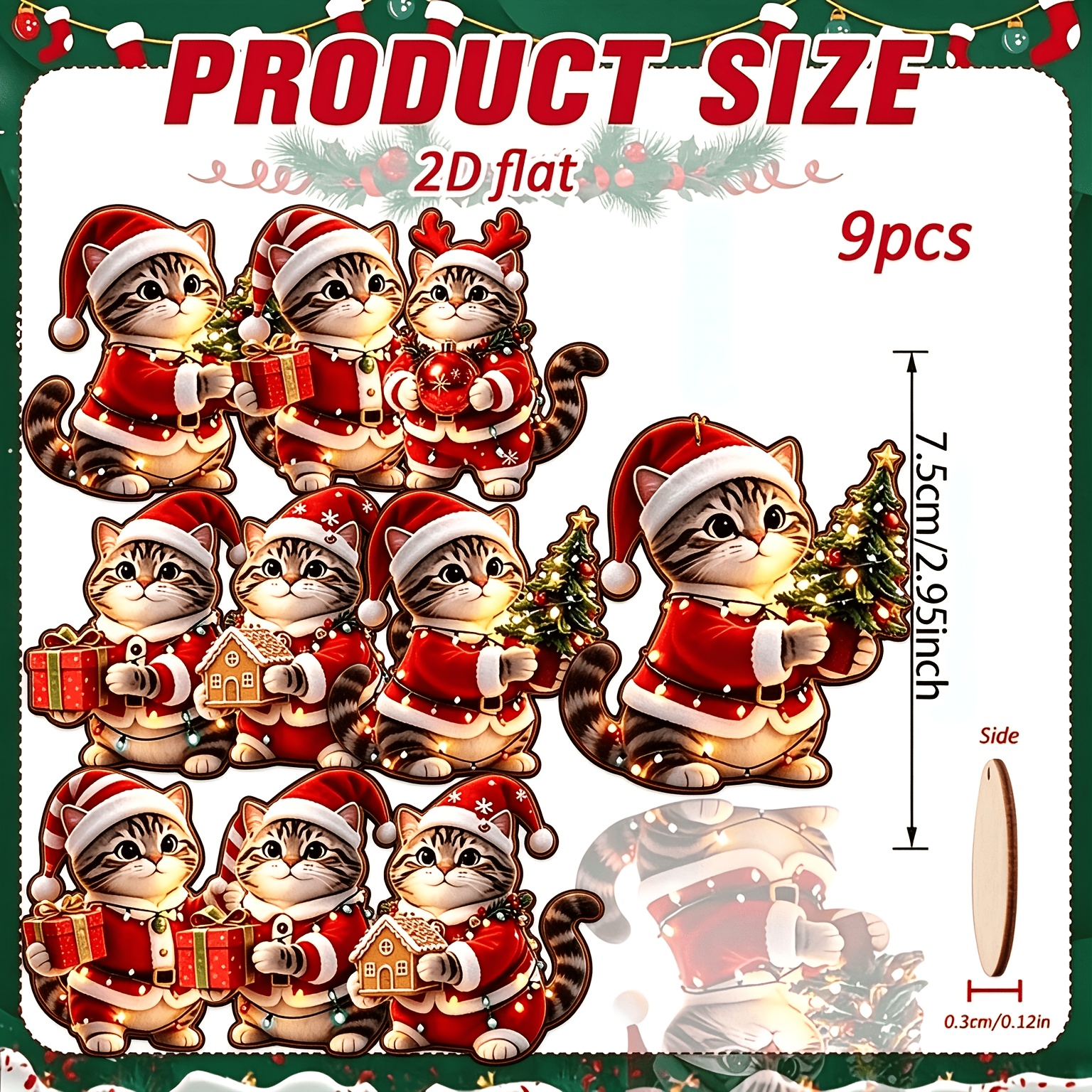 TEMU 2d Flat, [2d Flat] 9pcs Christmas Themed Wooden Hanging Ornaments, Christmas Holiday Hanging Decoration Set, 2d Flat Wooden Hanging Ornaments,