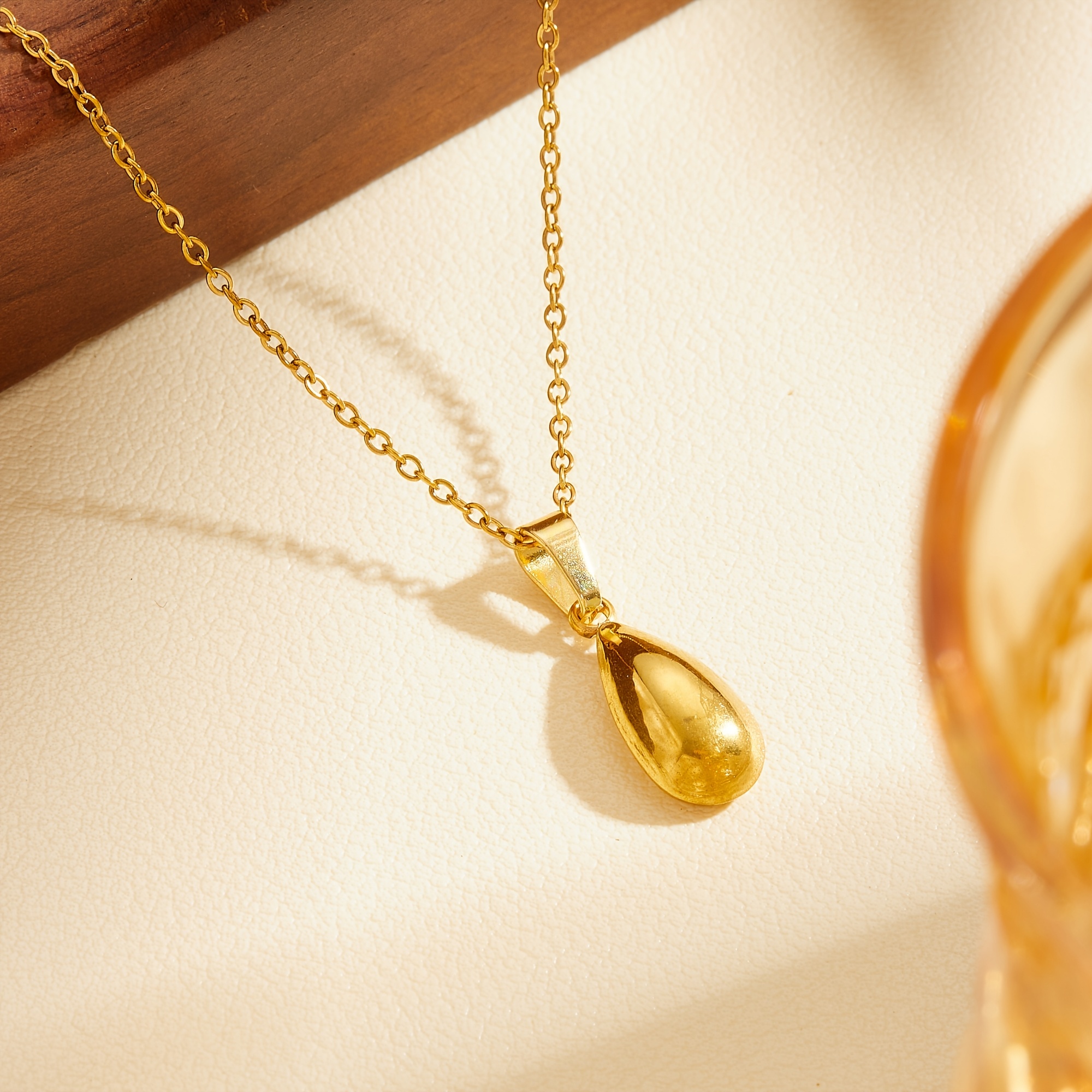 Golden Water Drop Pendant Necklace, Classic Style