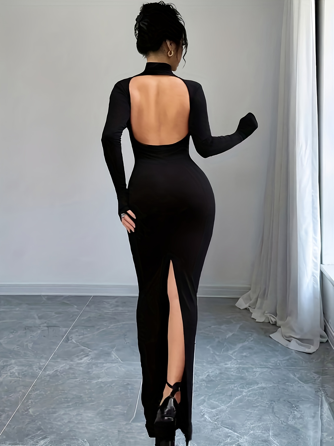 Elegant *-Fit Long Sleeve Round Neck Dress - Solid Color - Wedding Guest  Dress, Machine Washable Tailoring for Flattering Fit (* Wear) BK0