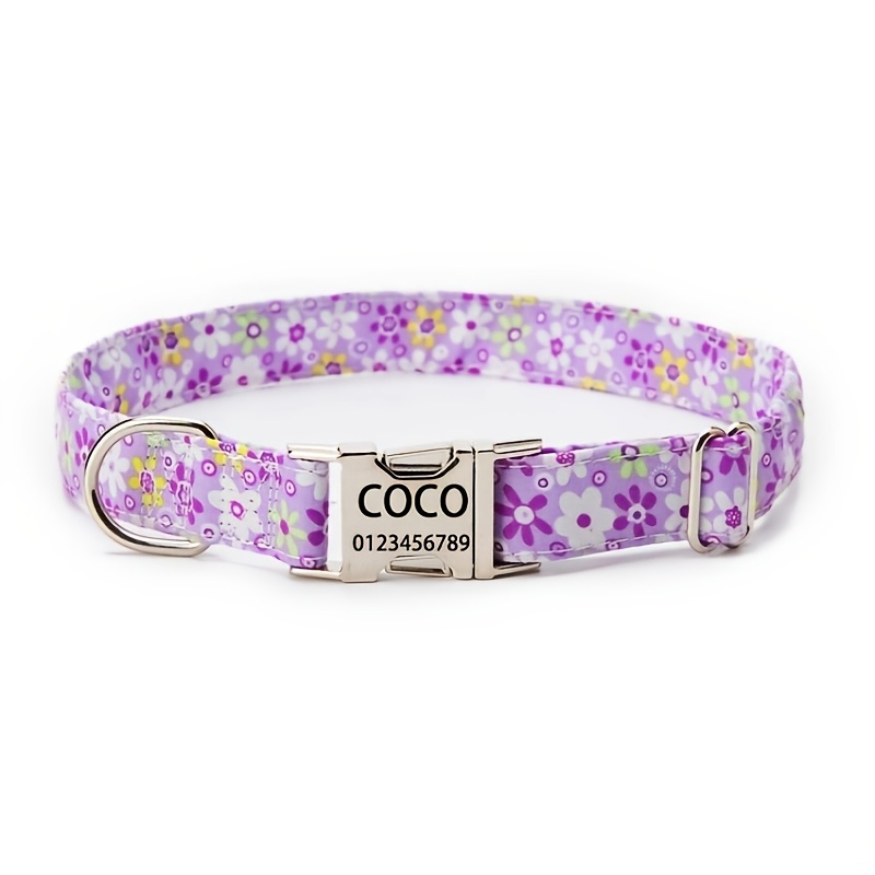TEMU 1pc Custom Sweet Floral Pet Collar With Engraved Name And Phone Number Id Tag, Adjustable Soft Durable Dog Collar To Prevent Loss - Medium And