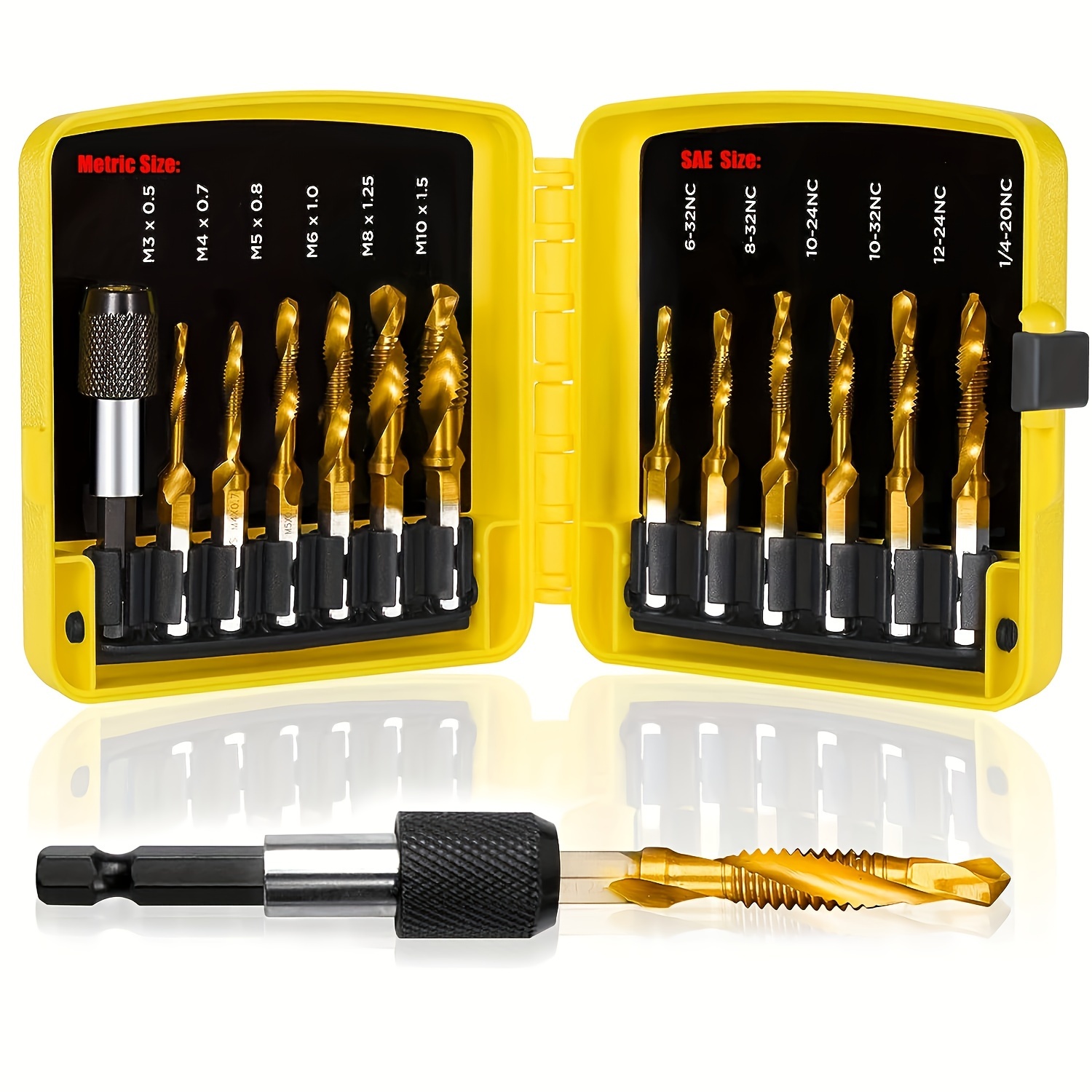 

13pcs Combination Drill And Tap Bit Set, Alloy, Titanium Coated, 3-in-1 Functionality With Adapter, Dual Sae/metric