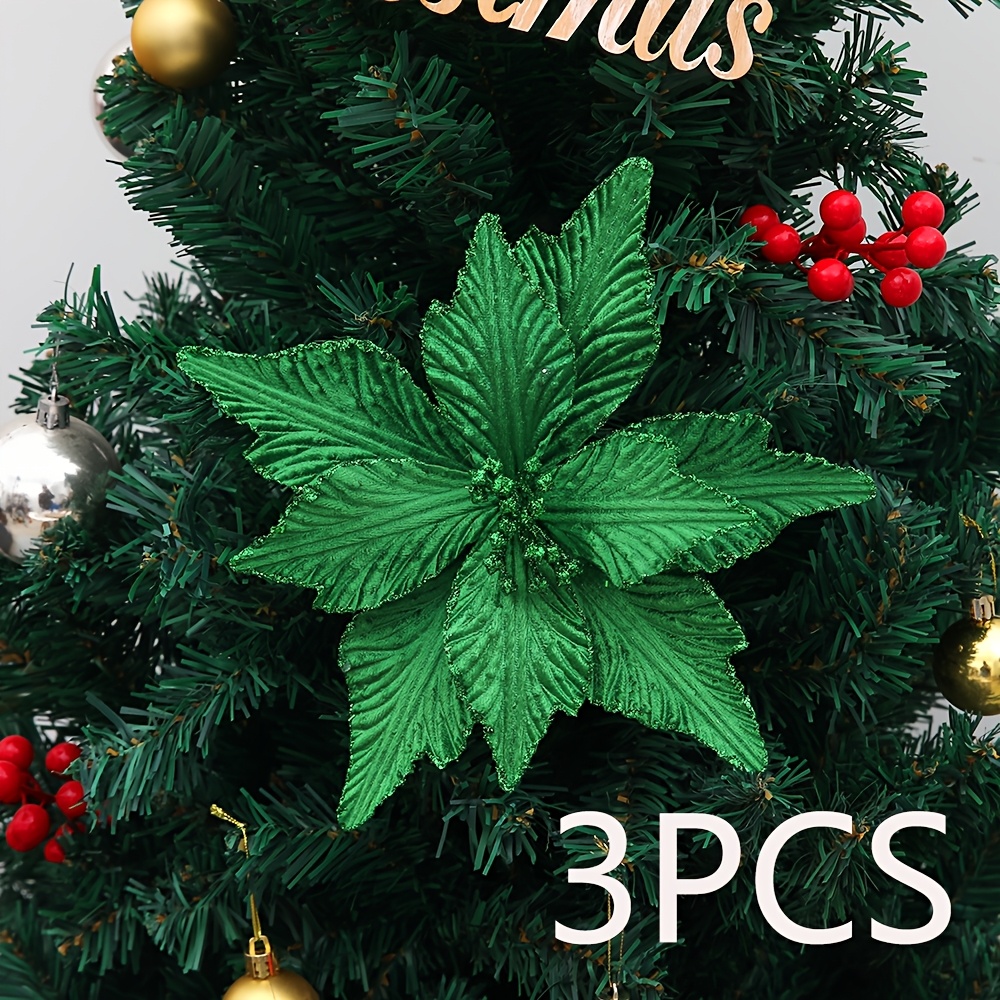 TEMU 3pcs Large Glitter Poinsettia Flowers With Stems - Realistic Fabric Artificial Poinsettias Suitable For Christmas Tree Ornaments, Diy Wreaths,