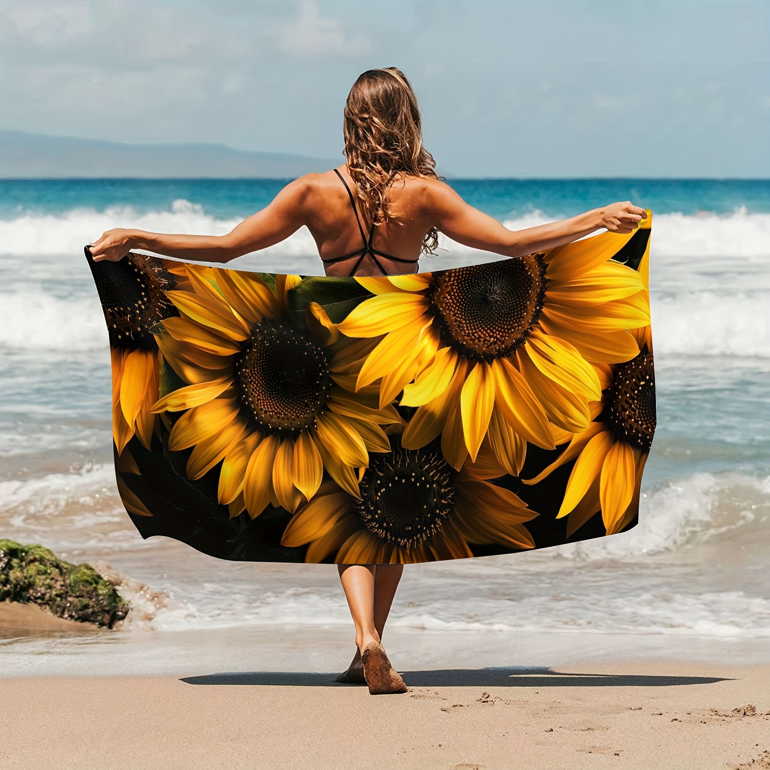 TEMU Sunflower Pattern Beach Summer Microfiber Beach Towel Bath Towel 1pc