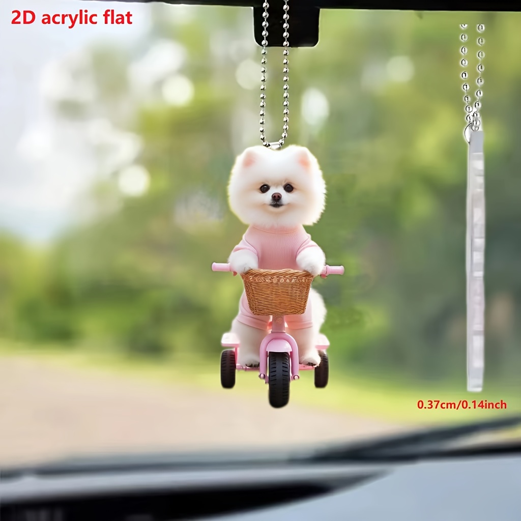 

1pc, 2d Acrylic 3 Wheeled White Dog Car Rearview Mirror Decorative Pendant, Backpack Keychain Decorative Pendant, Home Decoration Products