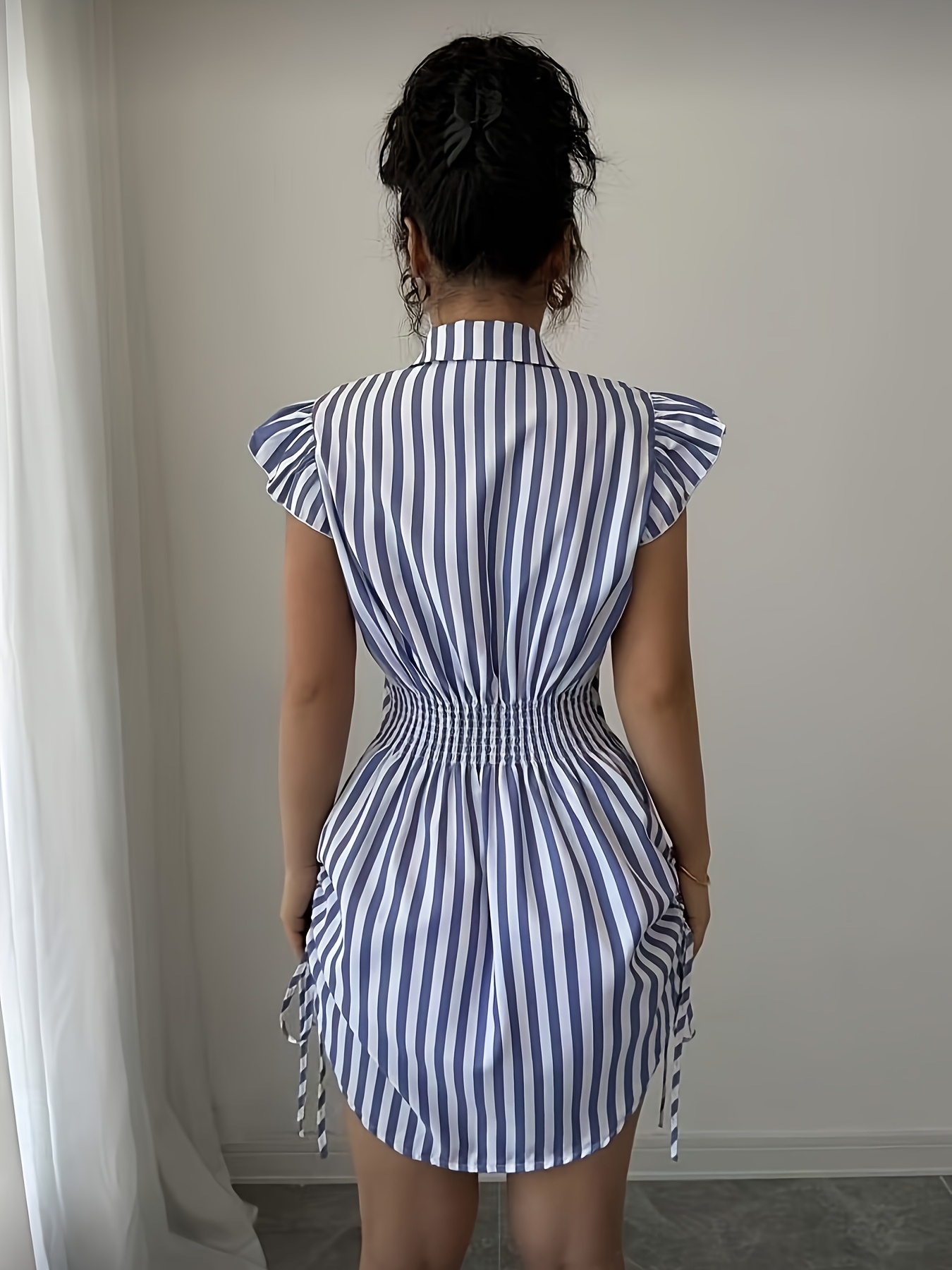 Elegant Daily Casual Vacation Blue Striped Side-tie Tiered Sleeve Dress Suitable for Summer