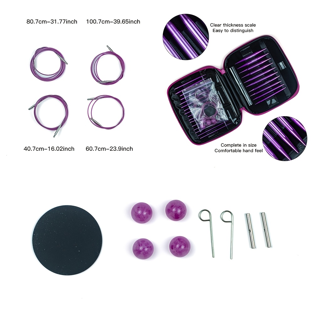 TEMU Lot de 13 paires d'aiguilles à tricoter circulaires amovibles en alumine violette douce, ensemble d'aiguilles à tricoter à tête interchangeable