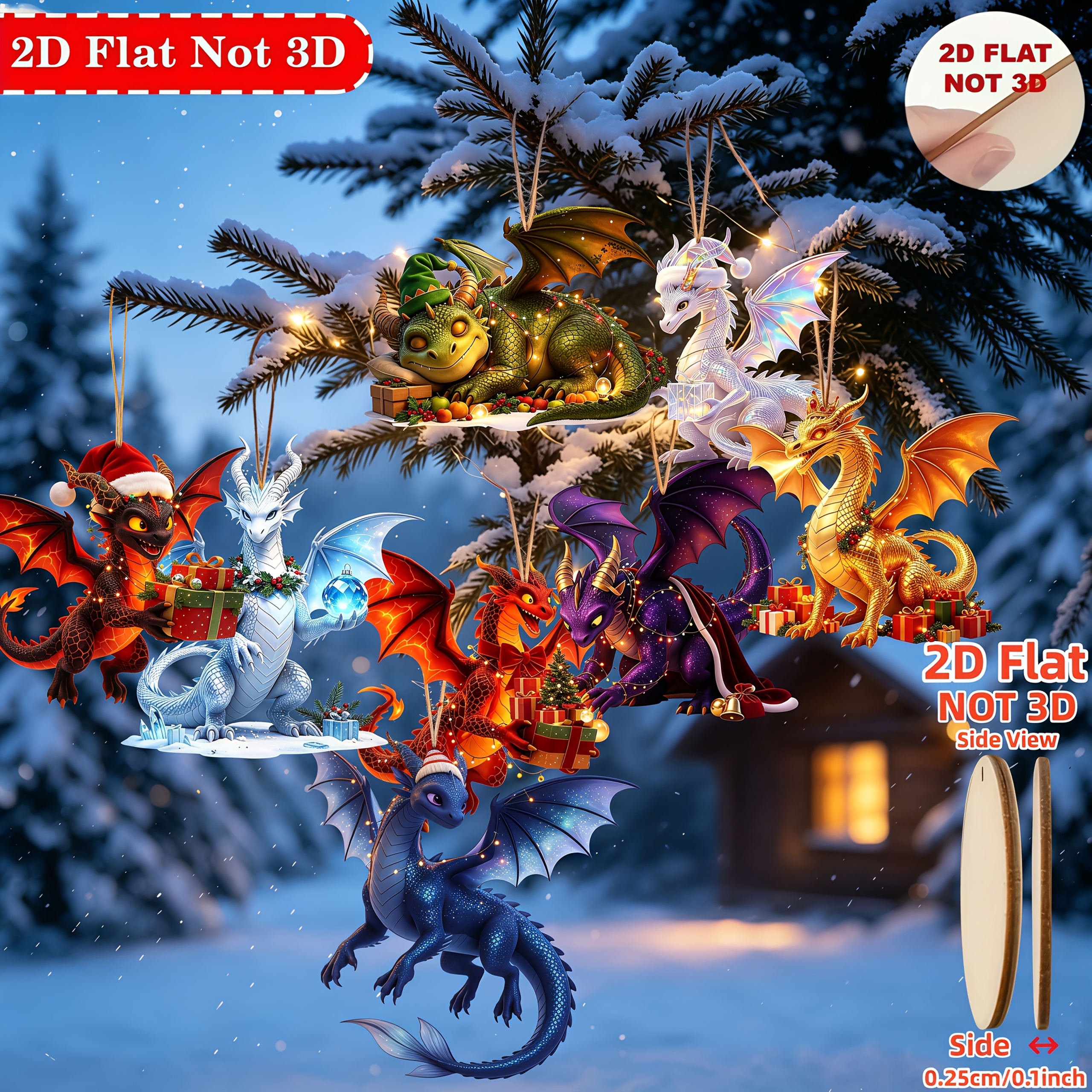 TEMU Plat 2D, 2DFlat Lot de 8 ornements de dragon volant de Noël, motif imprimé d' de fête , un excellent pour les décorations et cadeaux de Noël et