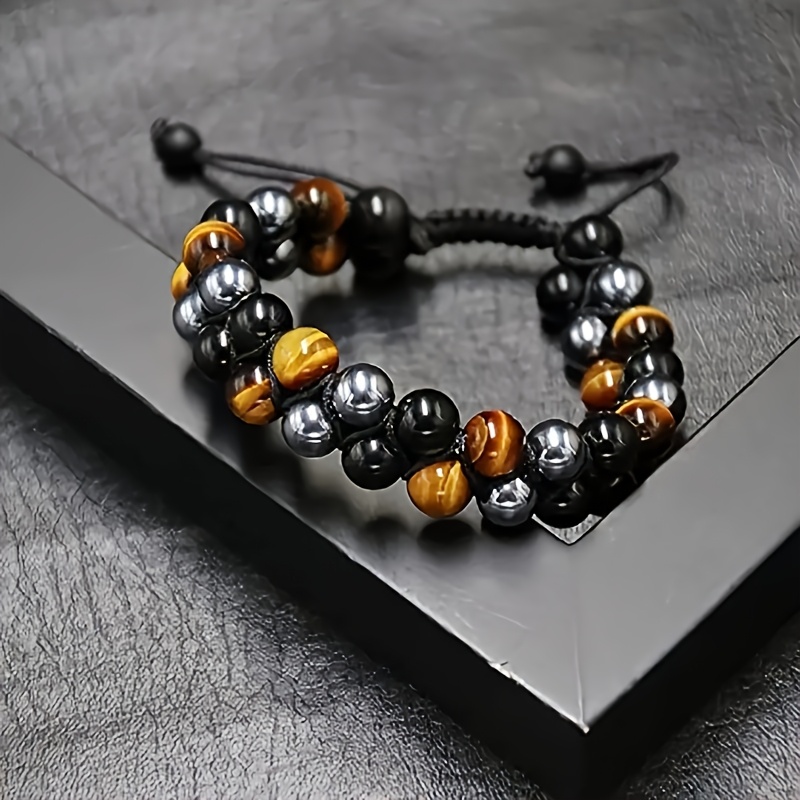 E-shop Elegante Doppelreihige Tigeraugen-Perlen, handgewebter Doppelreihiger gelber Tigeraugen-Armband, rustikaler Bohemian-Stil - Verstellbares