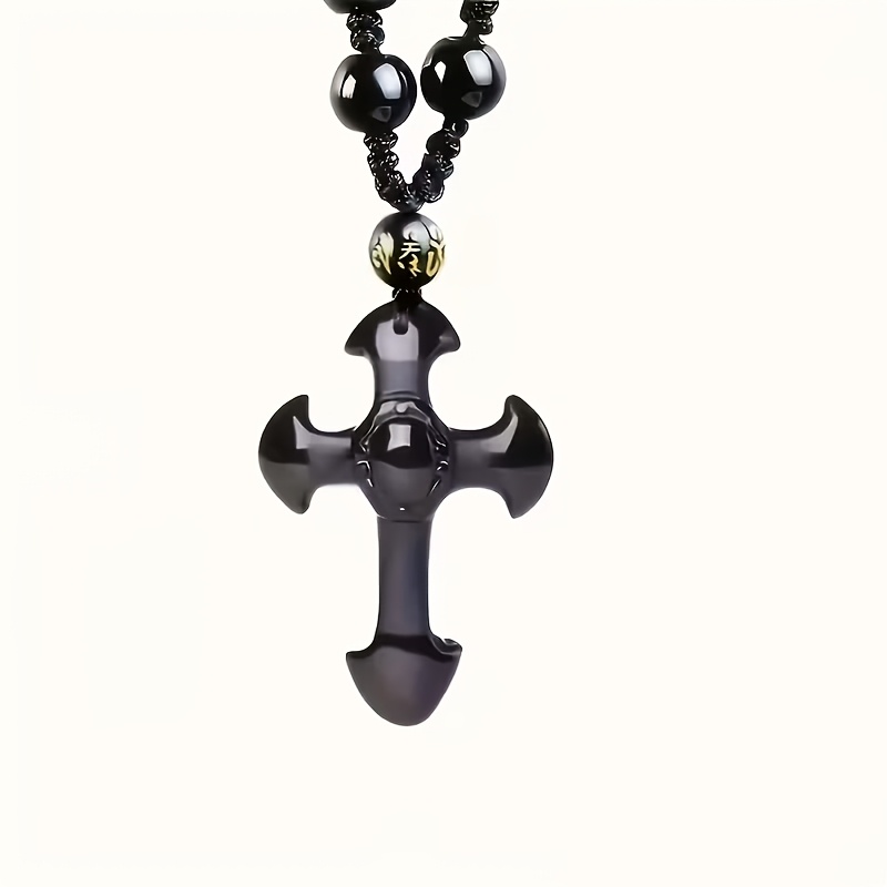 Women's Obsidian Cross Pendant Necklace, Bohemian Amulet