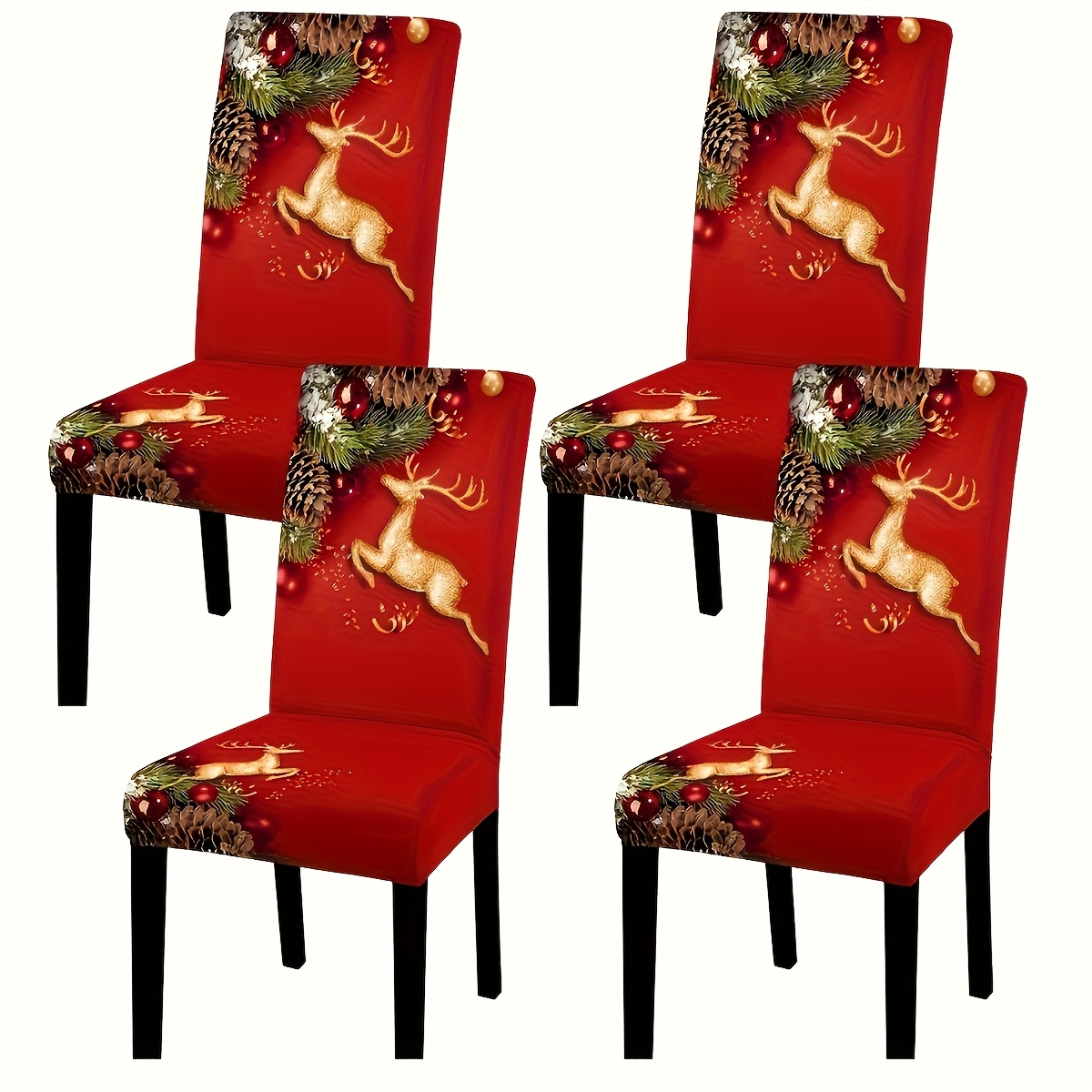 TEMU Dokriy 4/6 Pcspolyester Christmas Design, Golden Christmas Deer, Merry Christmas, Digital Positioning Printed Chair Cover, Soft And Comfortable