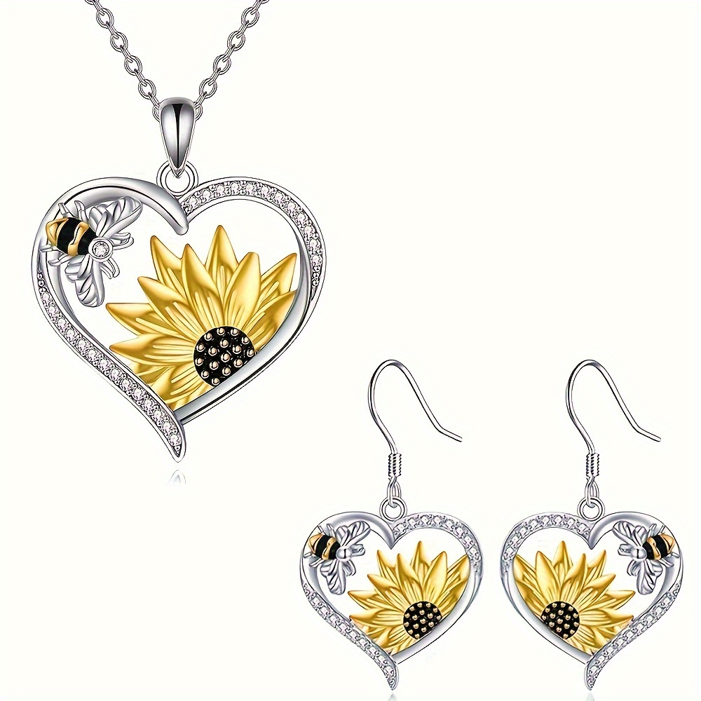 TEMU Fashionable Hollowed-out Zirconia Heart-shaped Bee Sunflower Fashion Jewelry Set Charming Ladies Jewelry Party Accessories