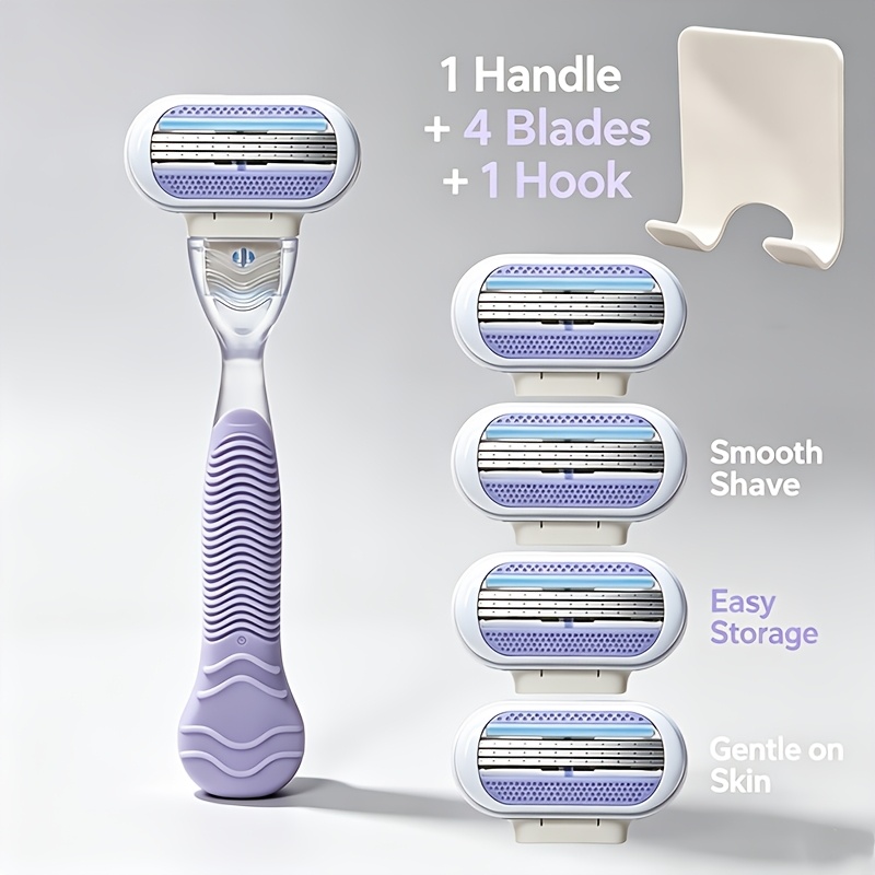 TEMU 1 Handle + 4 Replacement Heads + 1 Hook, Women's Body Hair Removal Manual Razor Set With Floating Head, 3-layer Replaceable , Wet And Dry Use,