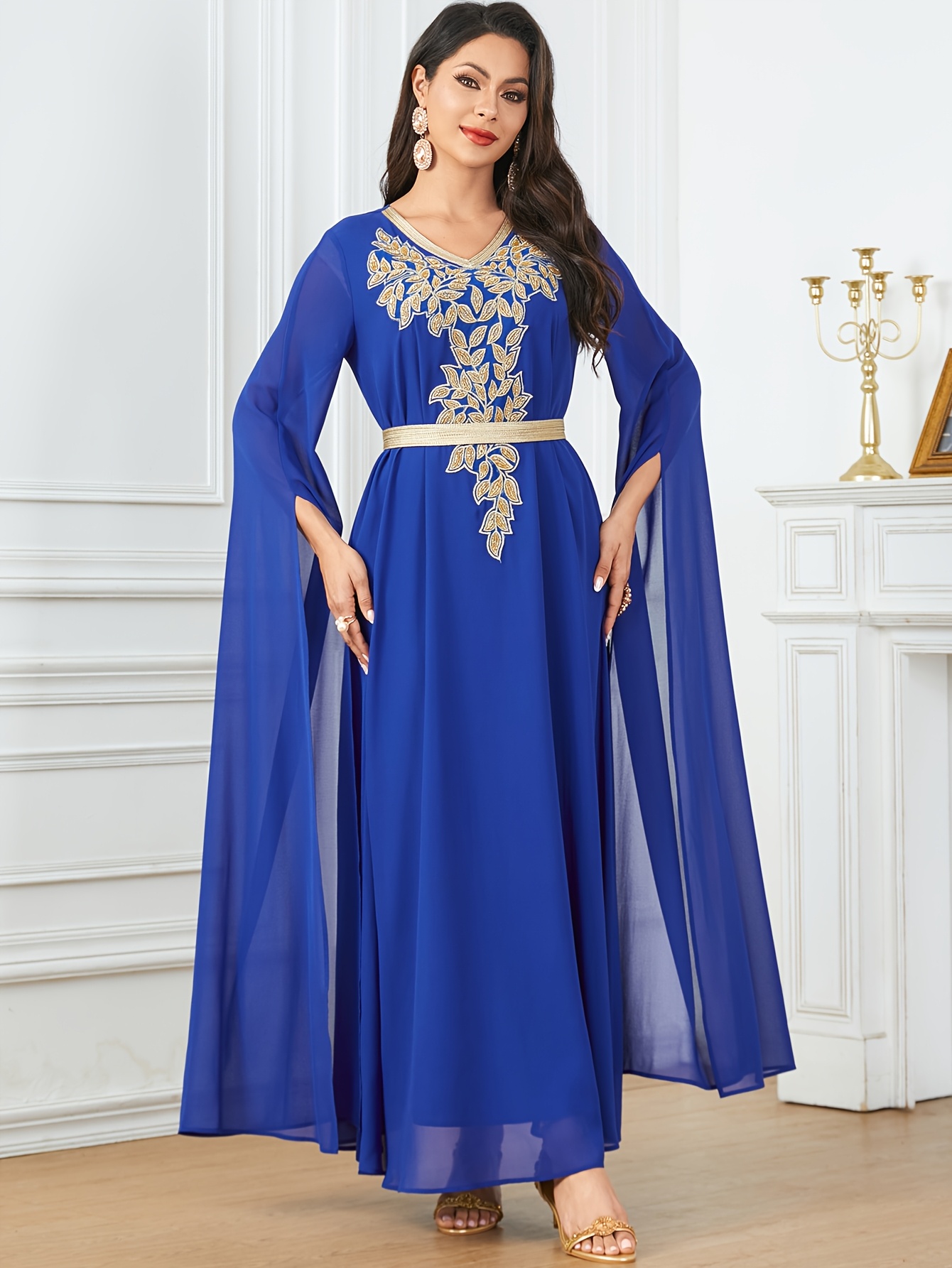 Elegant Beaded Embroidery Maxi Dress with Split Long Sleeves Polyester,  Machine Washable