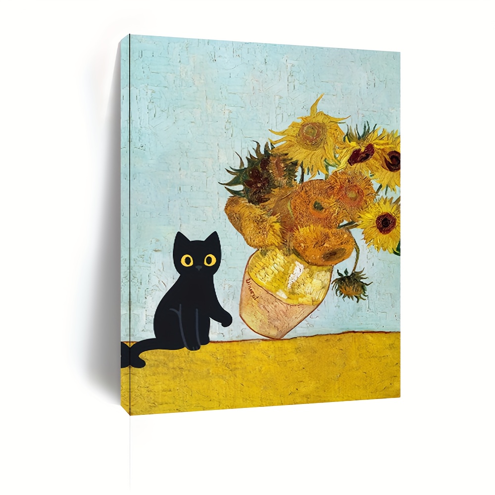 

1pc Wooden Framed Canvas Painting, Black Cat Knocks Over Sunflower Vase, Wall Art Prints With Frame, For Living Room&bedroom, Home Decoration, Festival Gift For Her Him, Ready To Hang