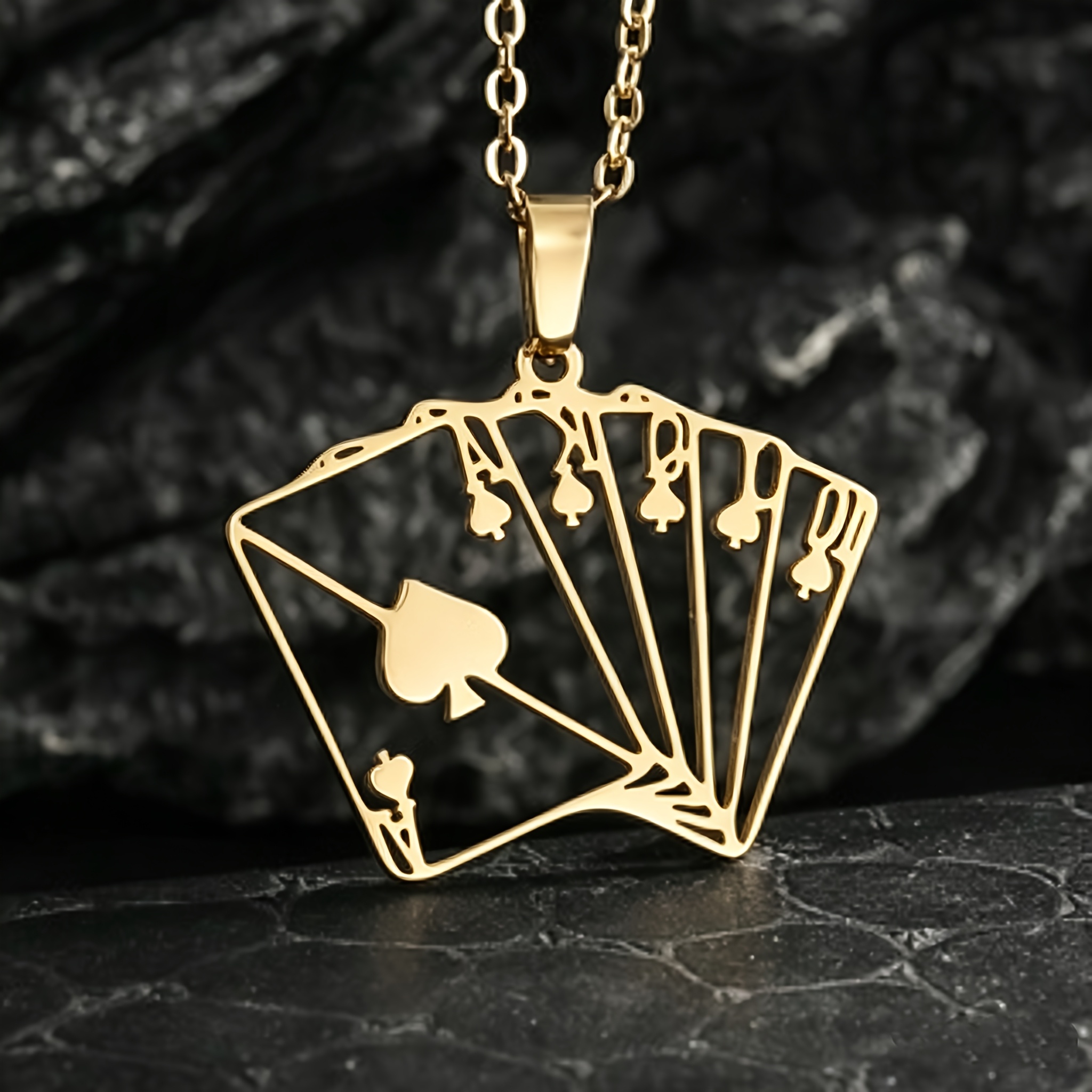 TEMU 1pc European And Hollow Pendant Necklace, Spade Poker Design, -plated 304l 304l 304l 304l Stainless Steel Clavicle Chain, Unisex Niche Trendy