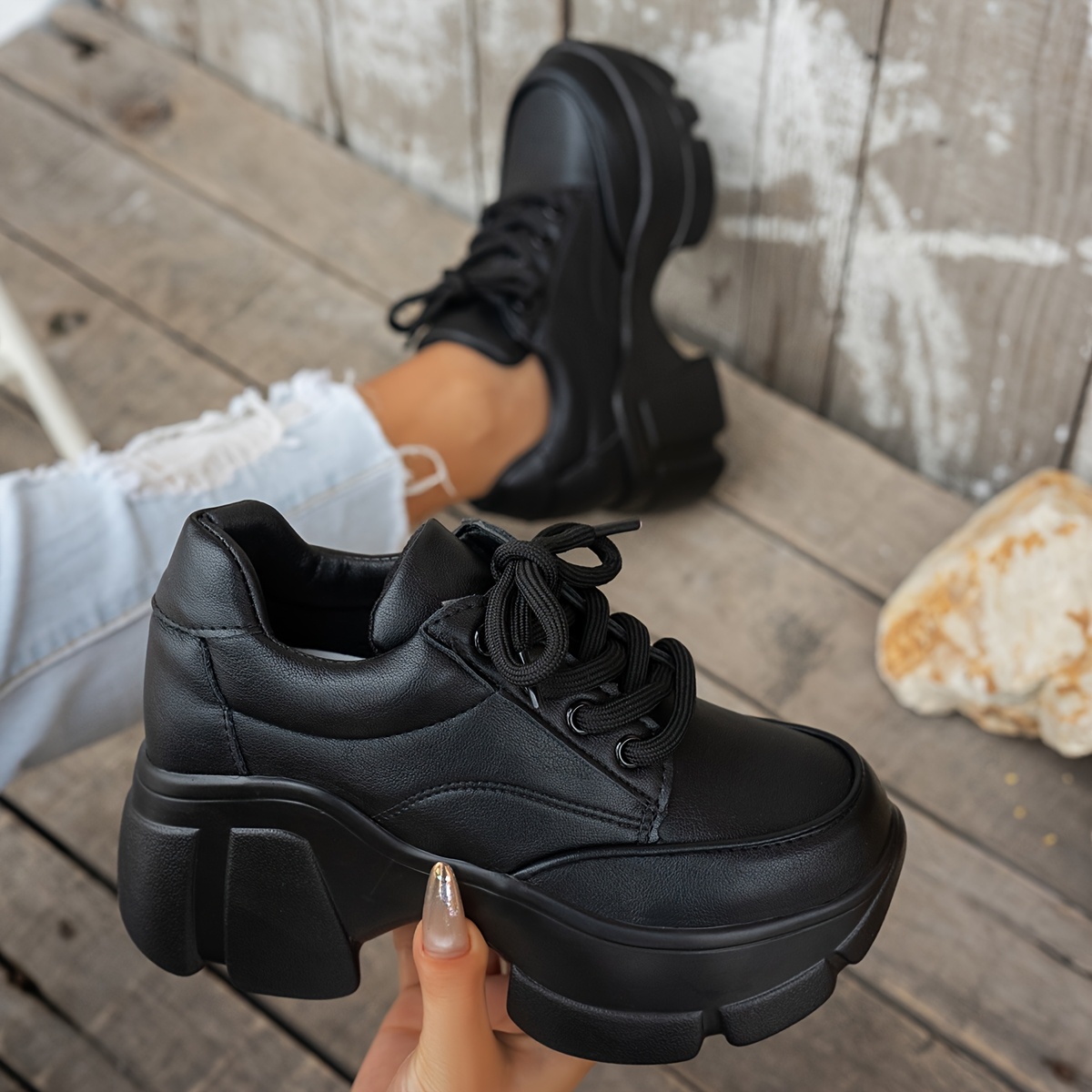 Damenschuhe mit Blockabsatz und Schnürung Synthetische High-Top-Sneaker  mit Weicher PU-Sohle, Bequeme Leichte Retro-Stil für