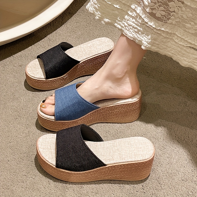 Women's Flat Wedge Sandals, Solid Color Open Toe Slip-Resistant Slippers  Shoes
