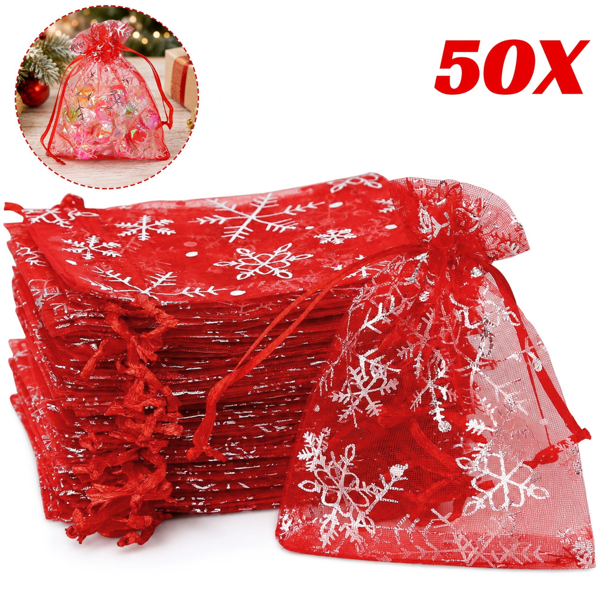 TEMU 50pcs Christmas Red Organza Gift Bags Silver Snowflake Drawstring Sheer Packaging Pouches Jewelry Small Gift Bags For Party