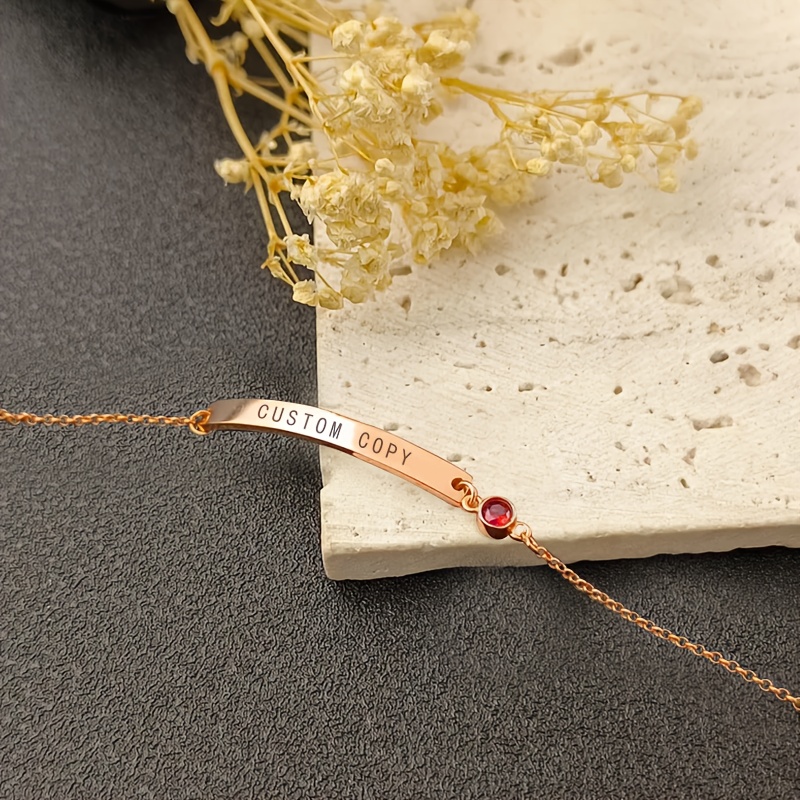 Personalized Birthstone Bracelet with Name Engraving, Golden Tone