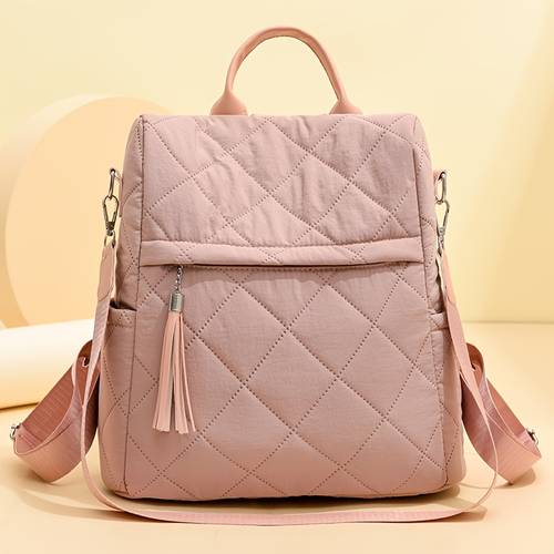 rhombus thread anti theft backpack for women casual bag with tassels versatile high end high quality korean vintage style european and trend multi pocket practical college bag large capacity elegant casual vacation