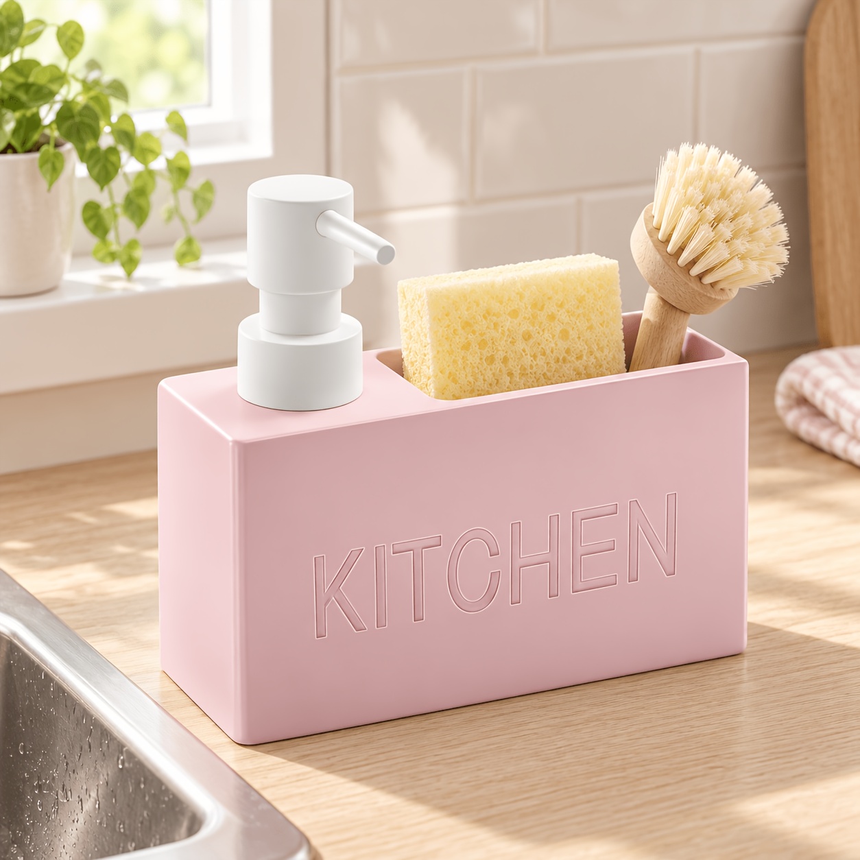 TEMU Amell Bear 2-in-1 Keuken Afwasmiddeldispenser met Sponshouder - Moderne Vloeibare Zeepdispenser voor Aanrecht, Sponssleuf & Hygiënisch