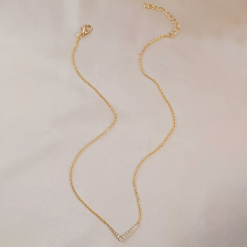 TEMU 1pc Elegant Women's V-shaped Inlaid Synthetic Synthetic Zirconia Thin Chain Necklace, Suitable For Daily Wear, Vacation, And Music Festival