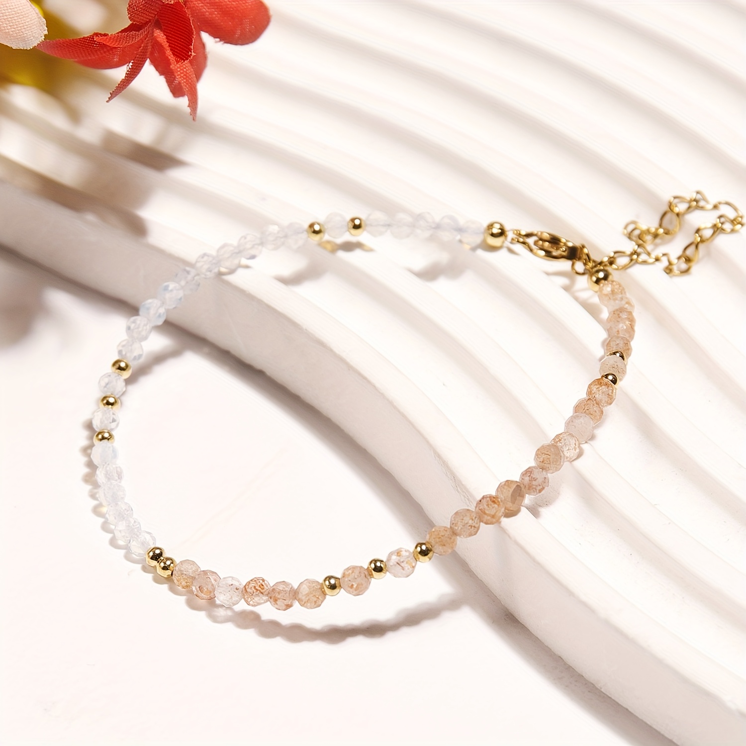 Image of Natural And Sunstone Bracelet, Synthetic Gemstonestone Bead Bracelets For Women, Gifts For Her, Sunstone & Rainbow Jewelry