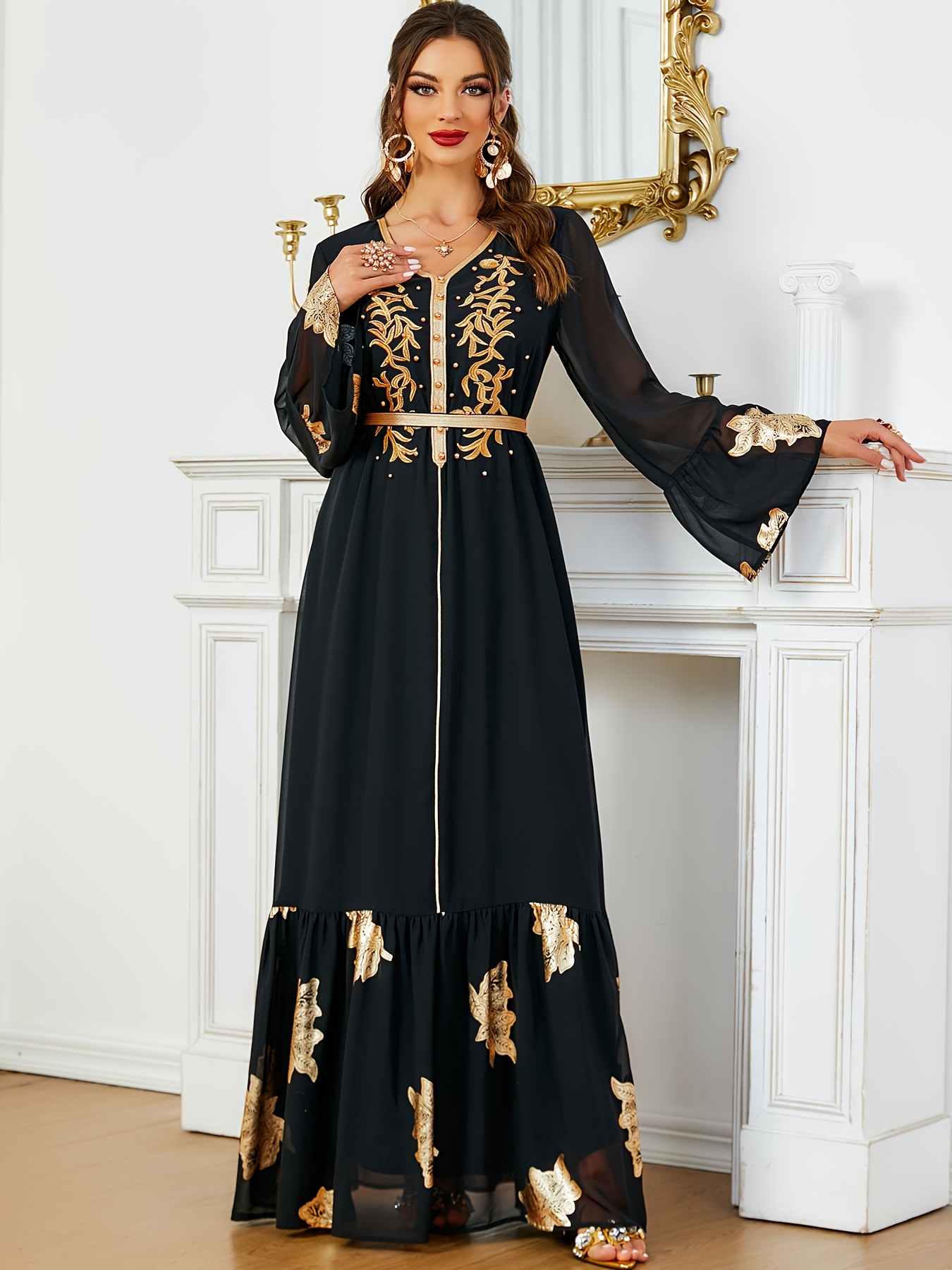 Women'S Elegant Embroidered Long Sleeve Maxi Dress, 100% Polyester, Solid  Color, Regular Sleeve, Long Length, Non-Stretch Fabric, Woven * with Belt  ...