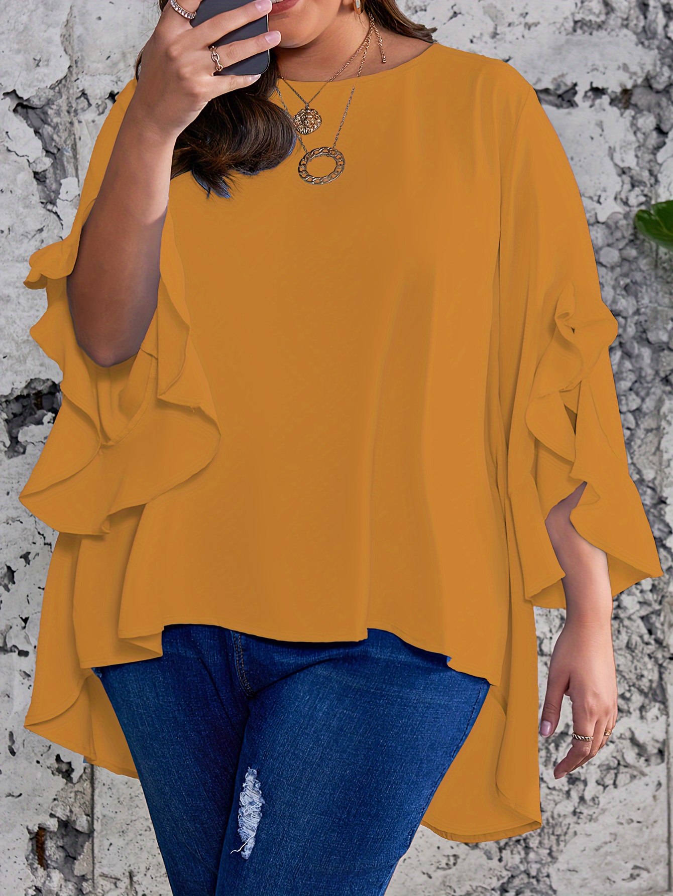 Plus Size Solid Ruffle Sleeve Blouse, Casual Crew Neck Irregular Hem Blouse For Spring, Women's Plus Size?Clothing