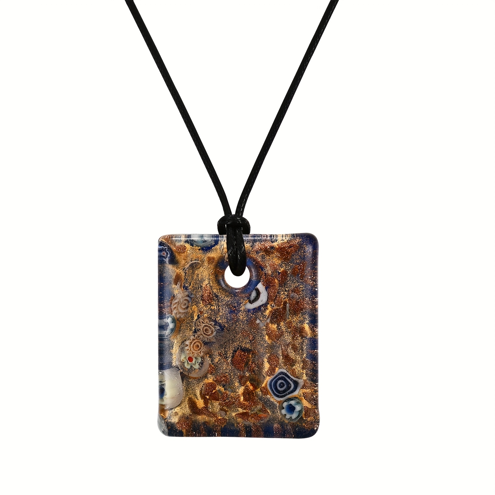 Hand-Fired Floral Pattern Square Glass Pendant Necklace