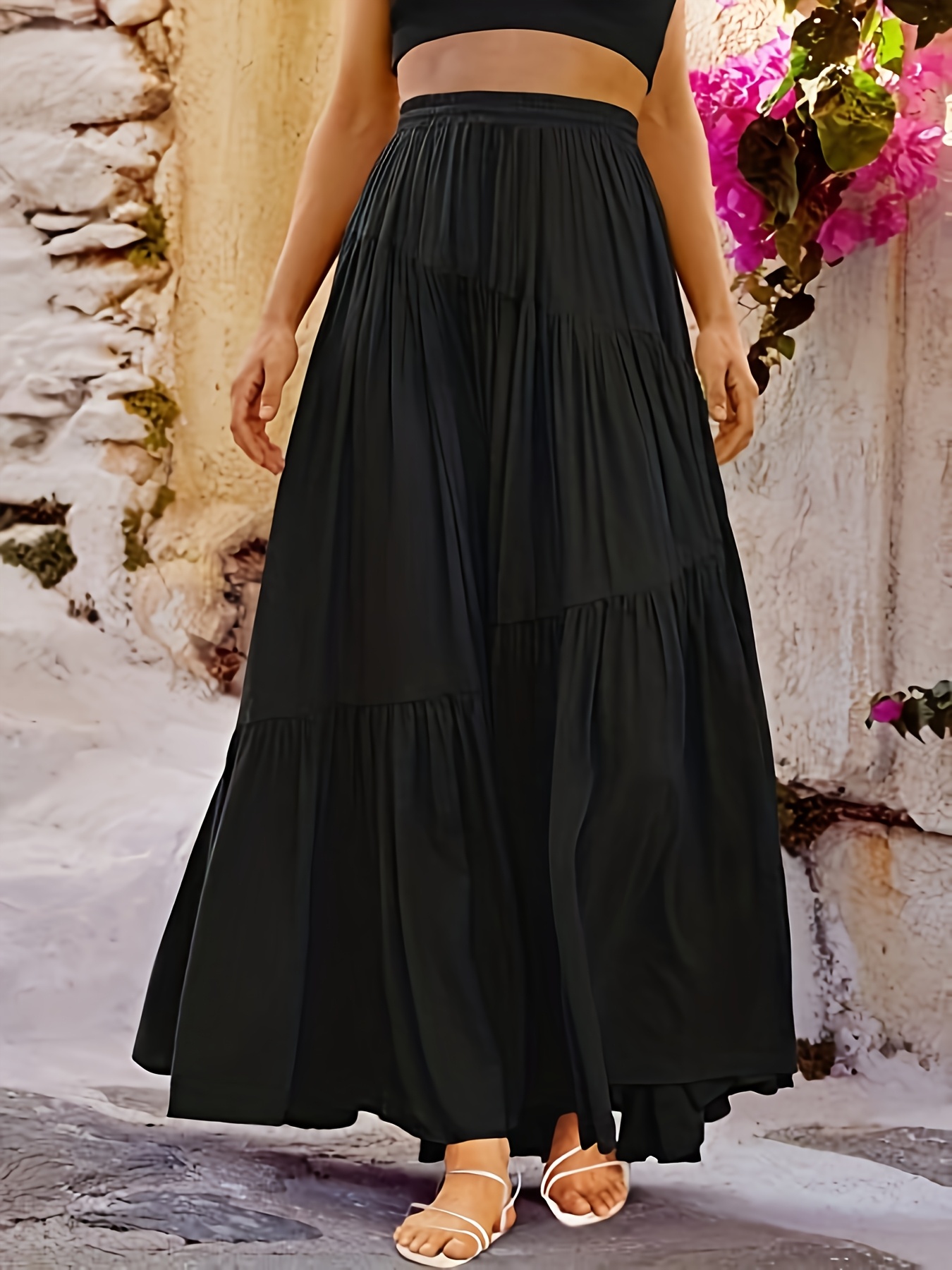 Elegant Black High-Waisted Maxi Skirt with Hem Solid Color, Flowy  A-Line Skirt for Women Casual or Formal Occasions