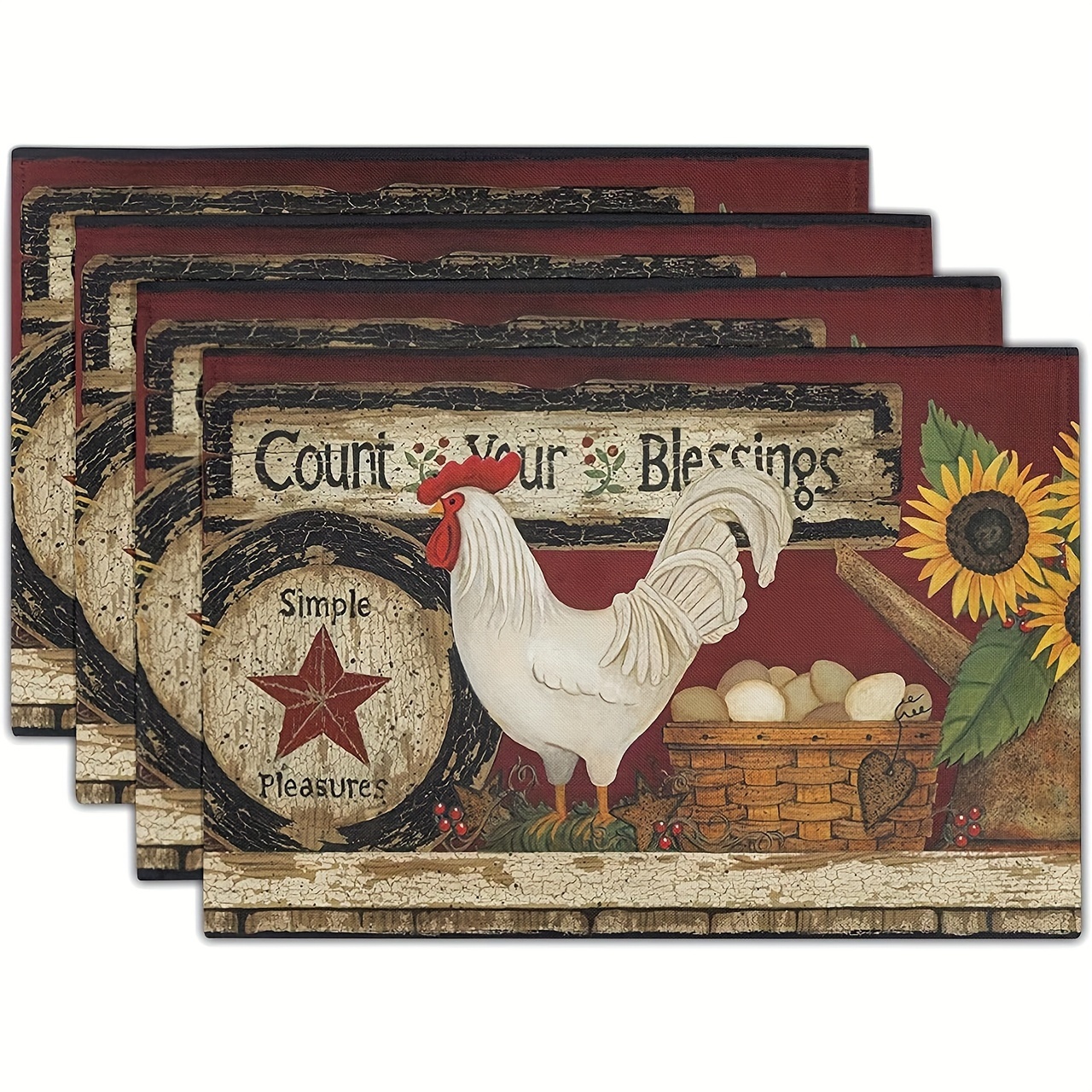 

4pcs, Placemats, Rooster Pattern Meal Mat, Farmhouse Style Decorative Table Pad, Washable And Non Slip Table Mats, Suitable For Dining, Kitchen