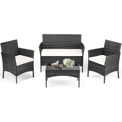 4pcs patio furniture set all weather pe wicker outdoor conversation set with soft removable cushions and tempered glass coffee table modern bistro set for balcony porch garden and small spaces