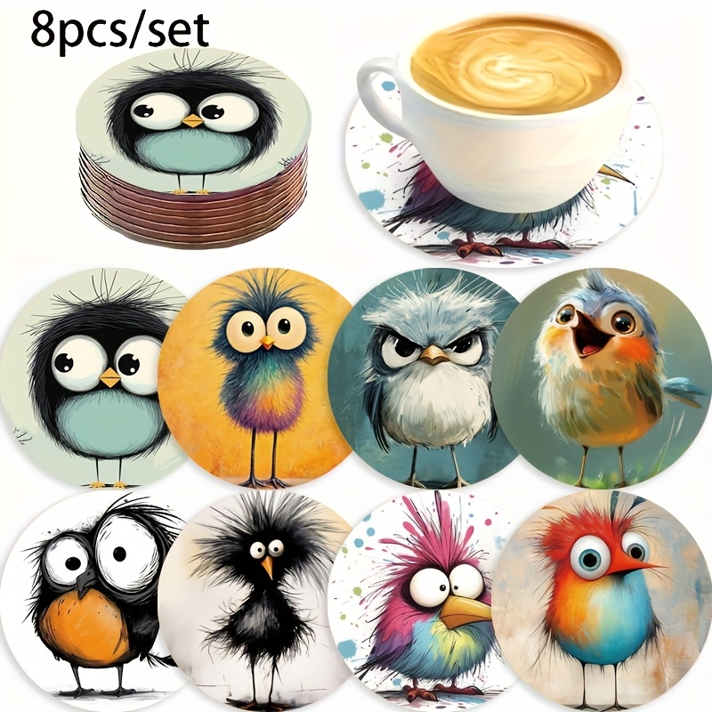 Image of 8pcs Cute Bird Wooden Coasters Set | Adorable Design | Heat-resistant Drink Pads | Scandinavian Home Decor | Unique Birthday Gift | Perfect For Picnics And Parties