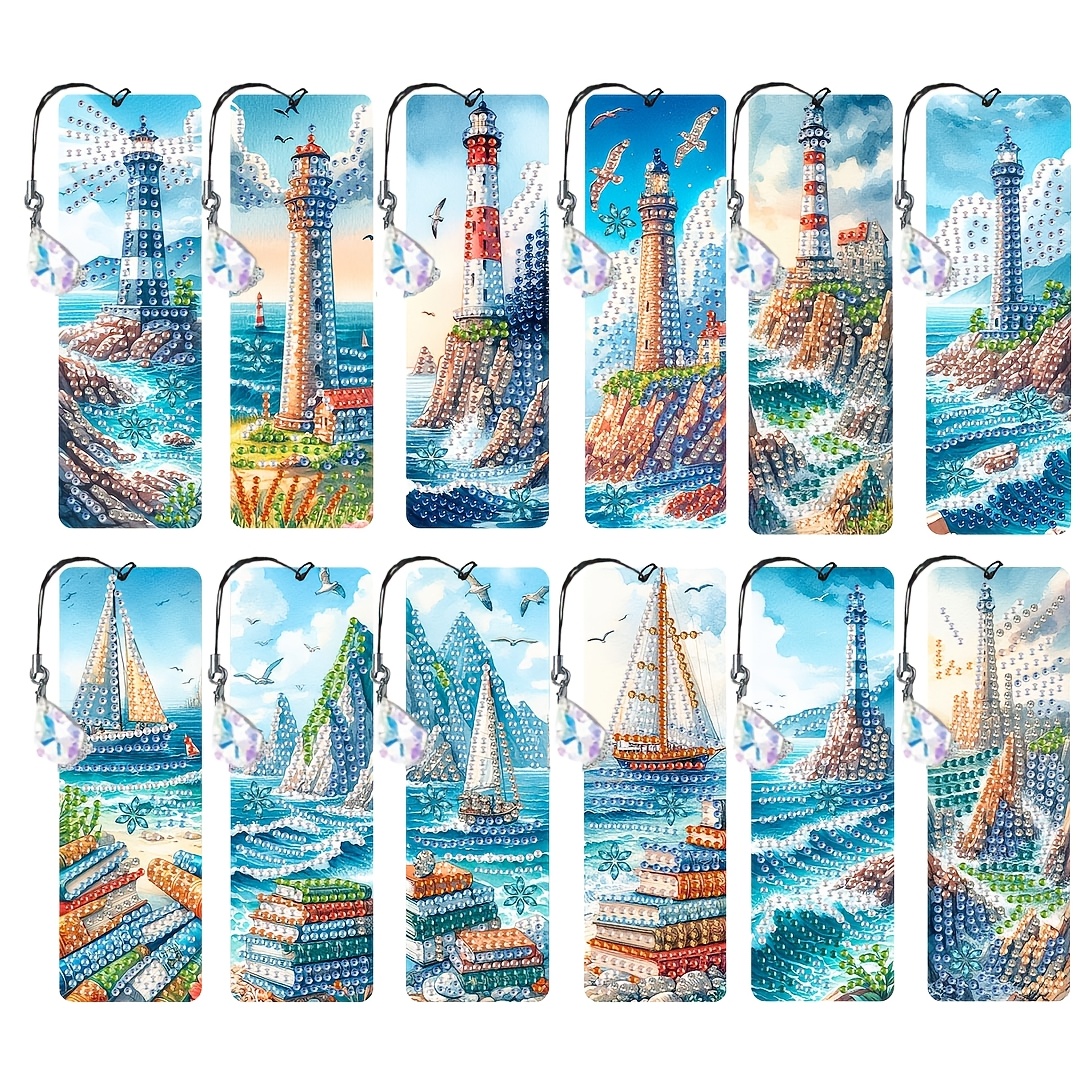 TEMU 12 pièces Marque-pages Peinture Diamant Style Artisanal Océan et Mer avec Pendentifs , Mouette & Cristal - Marque-pages Nautiques Idéaux pour