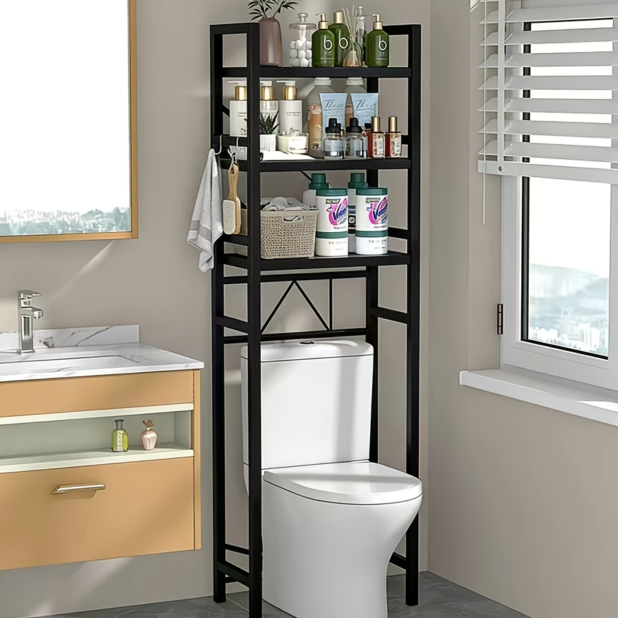 TEMU 3-tier Heavy-duty Freestanding Overhead Bathroom Shelf With Hooks - Space-saving Iron Storage Shelf Suitable For Towels, Toiletries & Washing