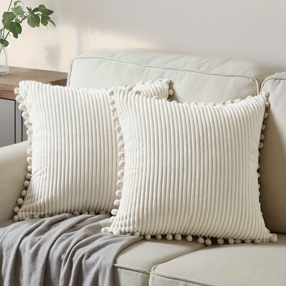 Image of 2pcs Set, Soft Corduroy Pillowcase With Plush Ball Decoration, Farmhouse Bohemian Plush Ball Cushion Cover, Bed, Chair, Sofa, Living Room Home Holiday Decoration