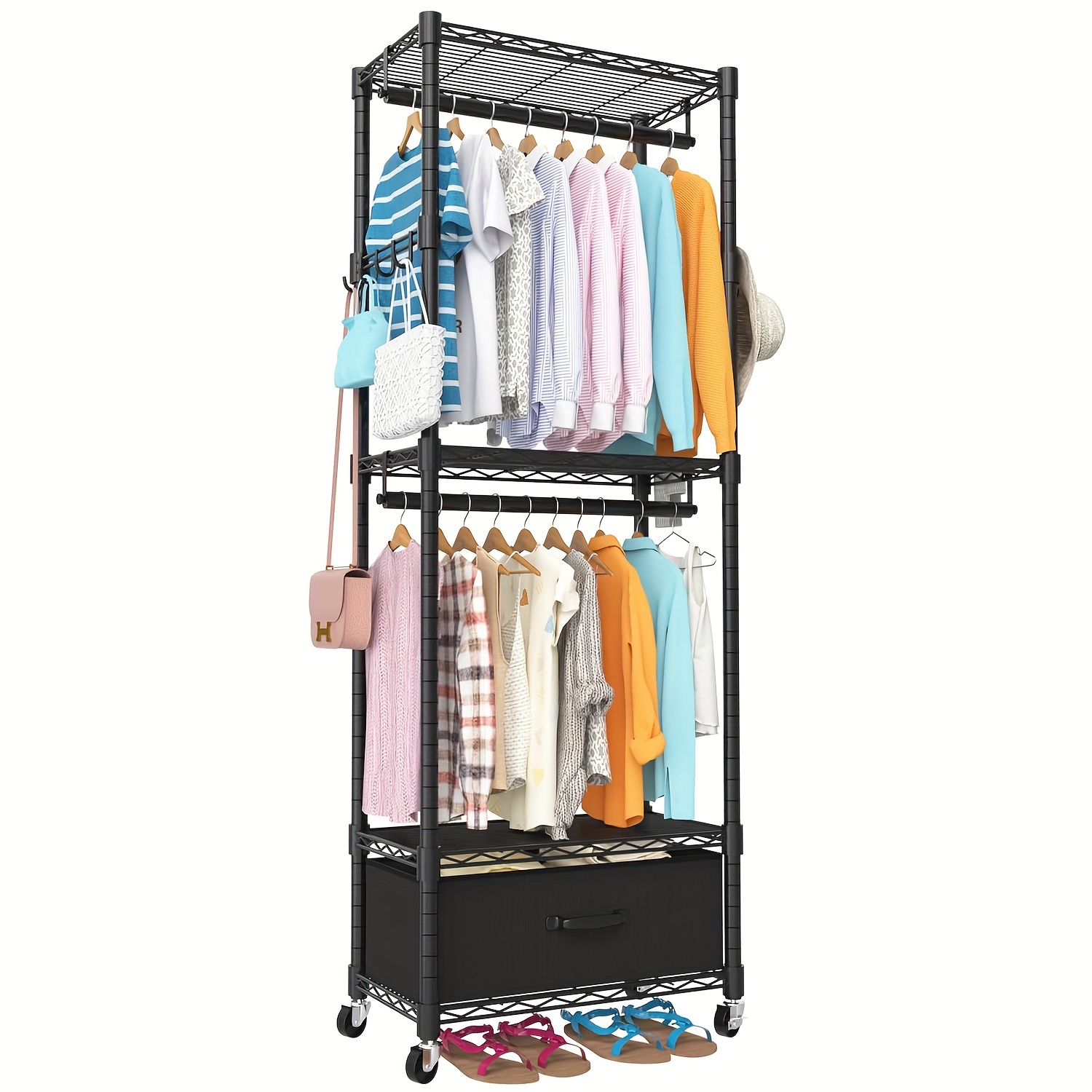 

1 Pcs Clothes Rack, Clothes Racks For Hanging Clothes, 4 Tiers Adjustable Closet Organizer System With Drawer | Double Rods | Side Hooks | Load 445lbs | 23" L X 13.18" W X 78.74" H | Black