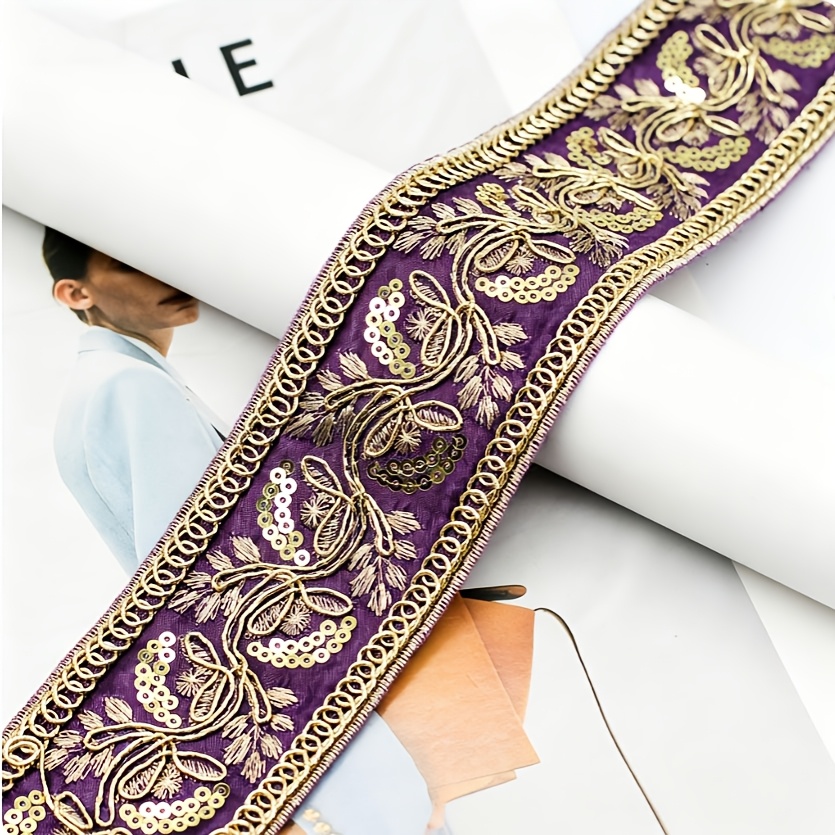 Heavy Duty Sequined Golden Thread Embroidered Ribbon